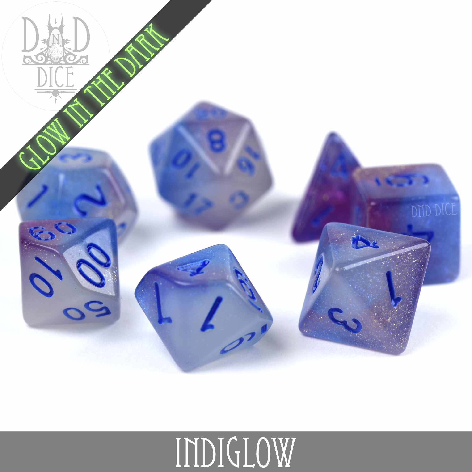 Indiglow Glow in the Dark Dice Set - Bards & Cards