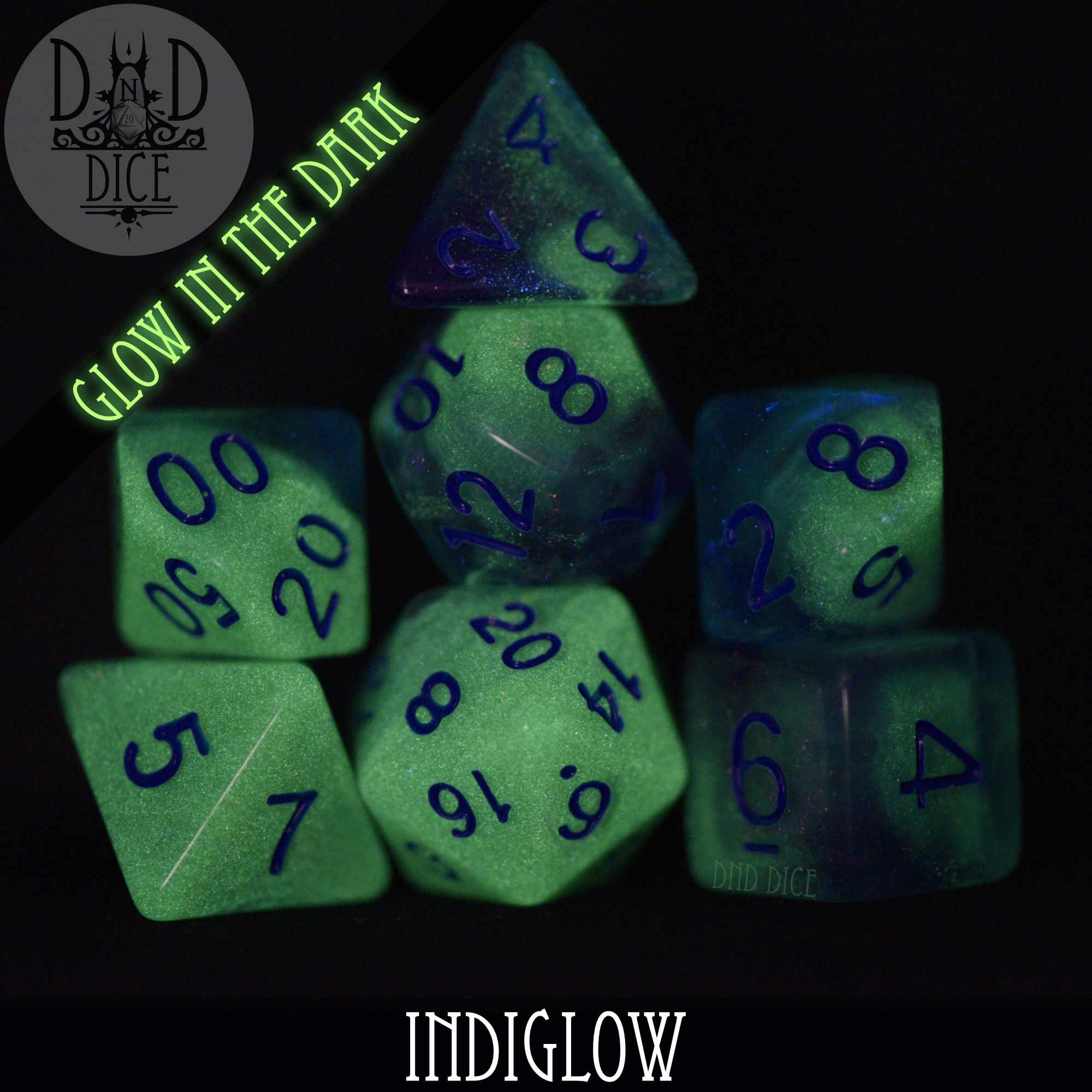 Indiglow Glow in the Dark Dice Set - Bards & Cards