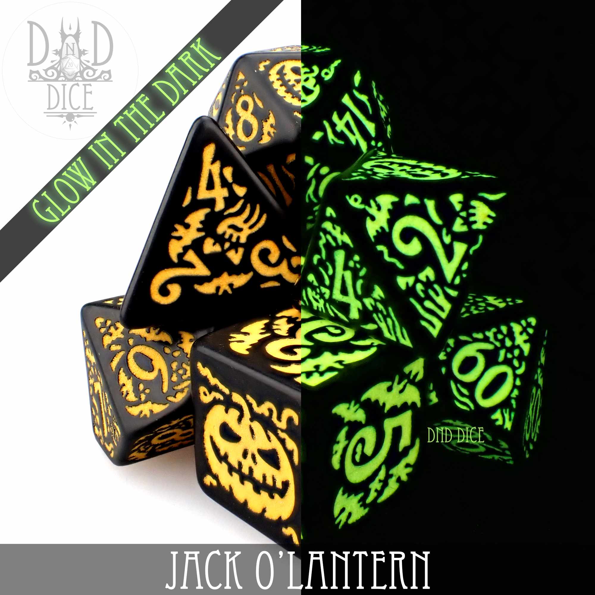 Jack O’Lantern Glow in the Dark Dice Set - Bards & Cards