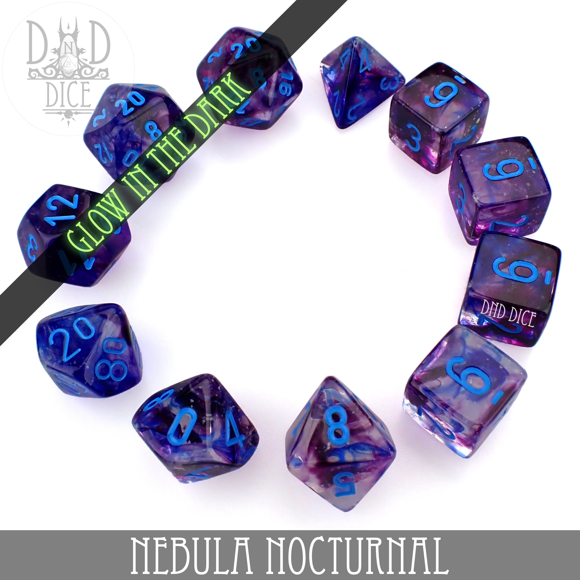 Nebula Nocturnal 7 or 11 Dice Set (Glow) - Bards & Cards