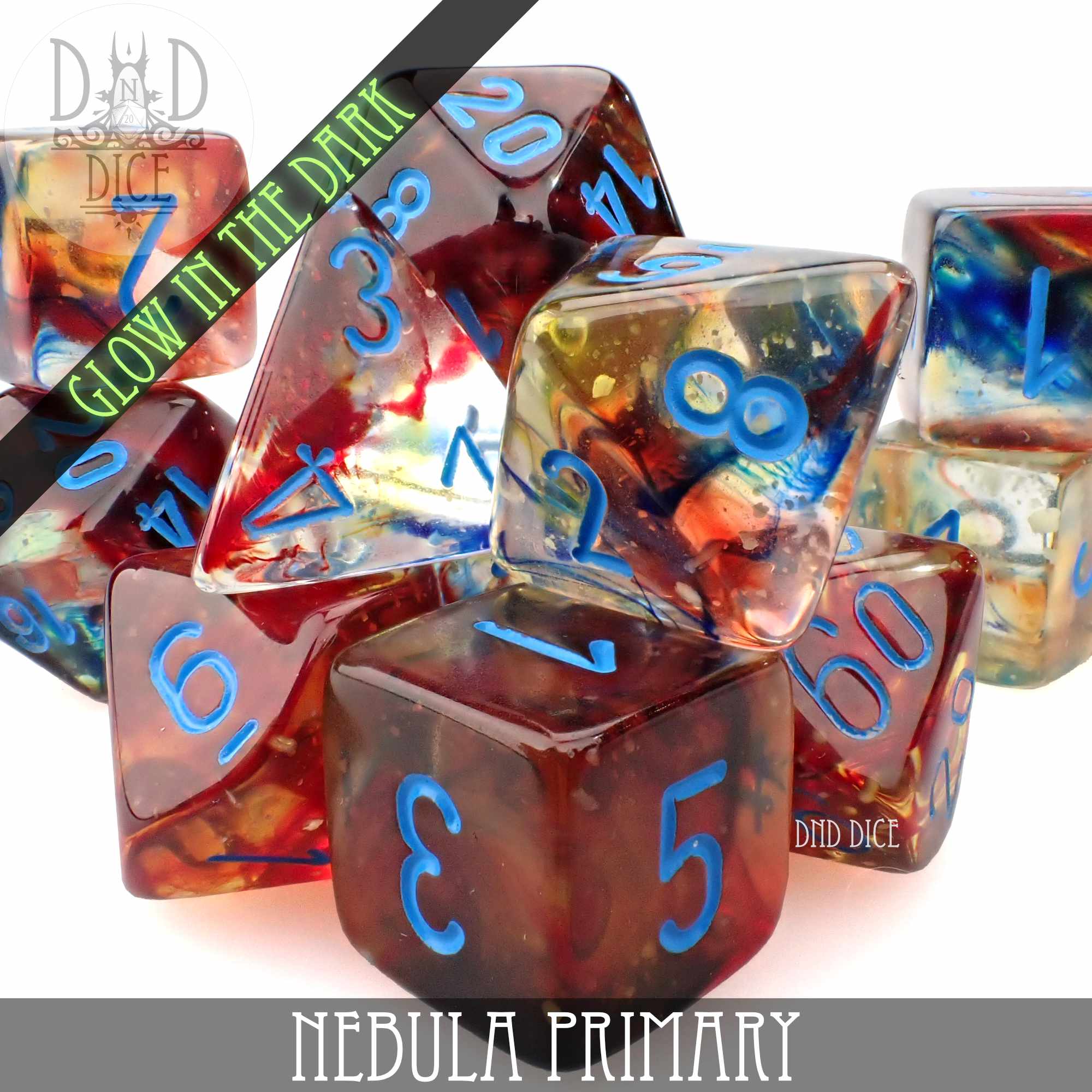 Nebula Primary 7 or 11 Dice Set (Glow) - Bards & Cards