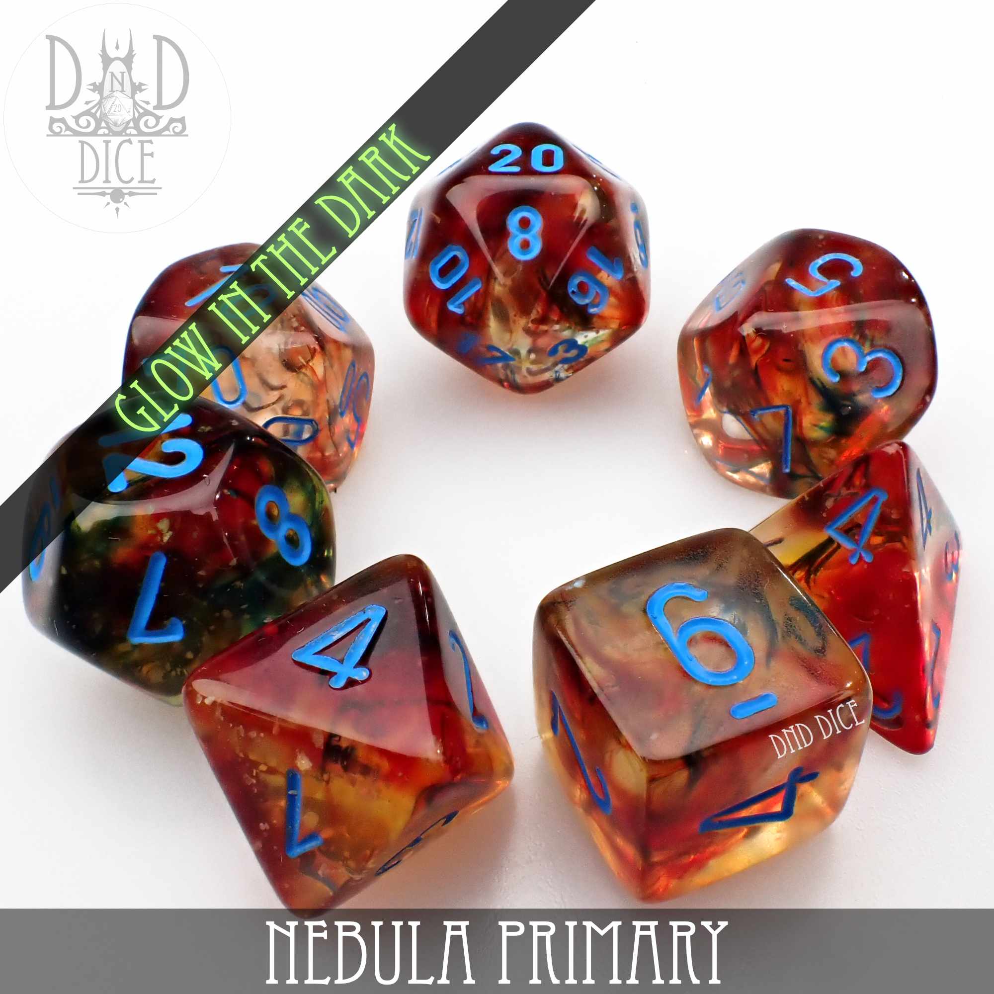 Nebula Primary 7 or 11 Dice Set (Glow) - Bards & Cards