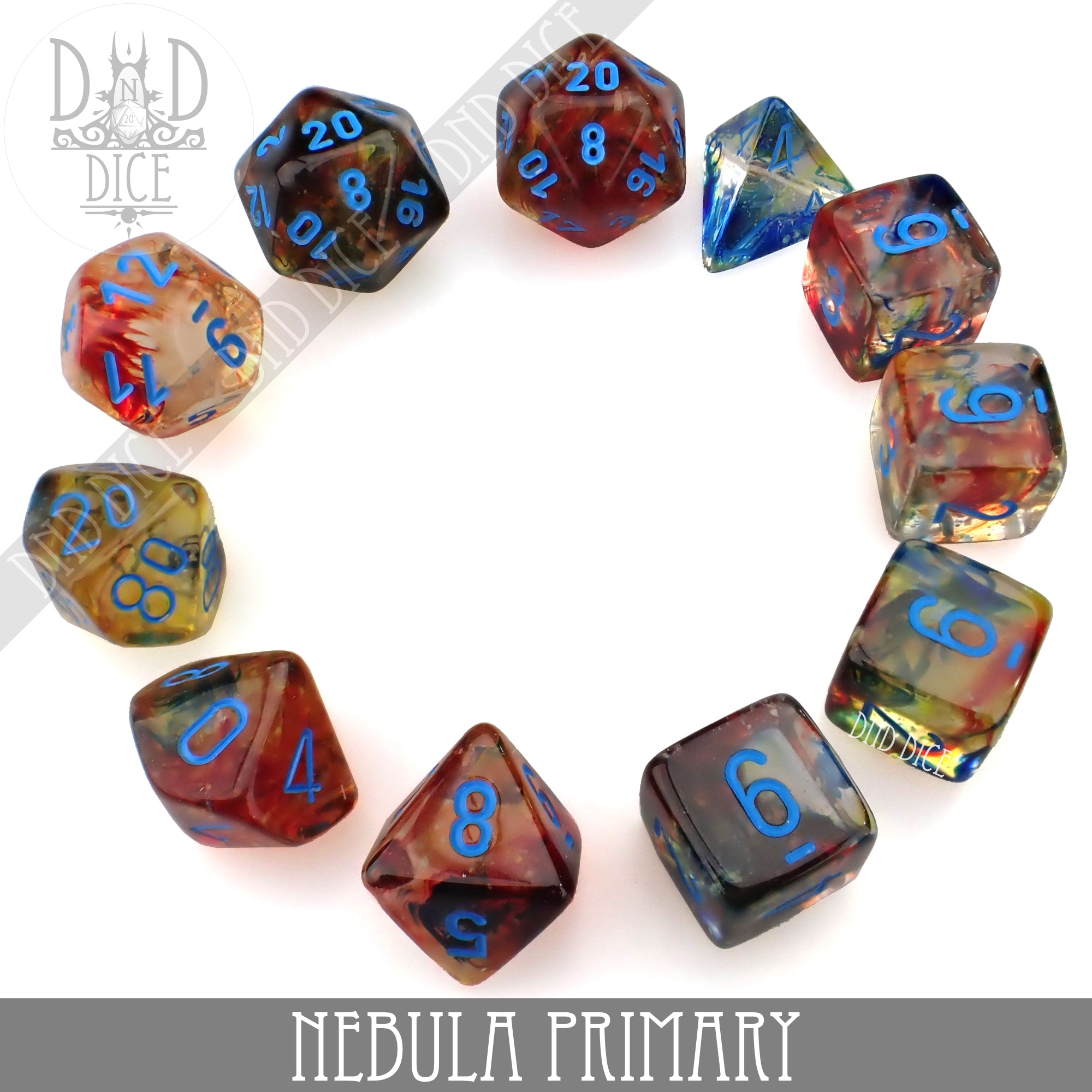 Nebula Primary 7 or 11 Dice Set (Glow) - Bards & Cards