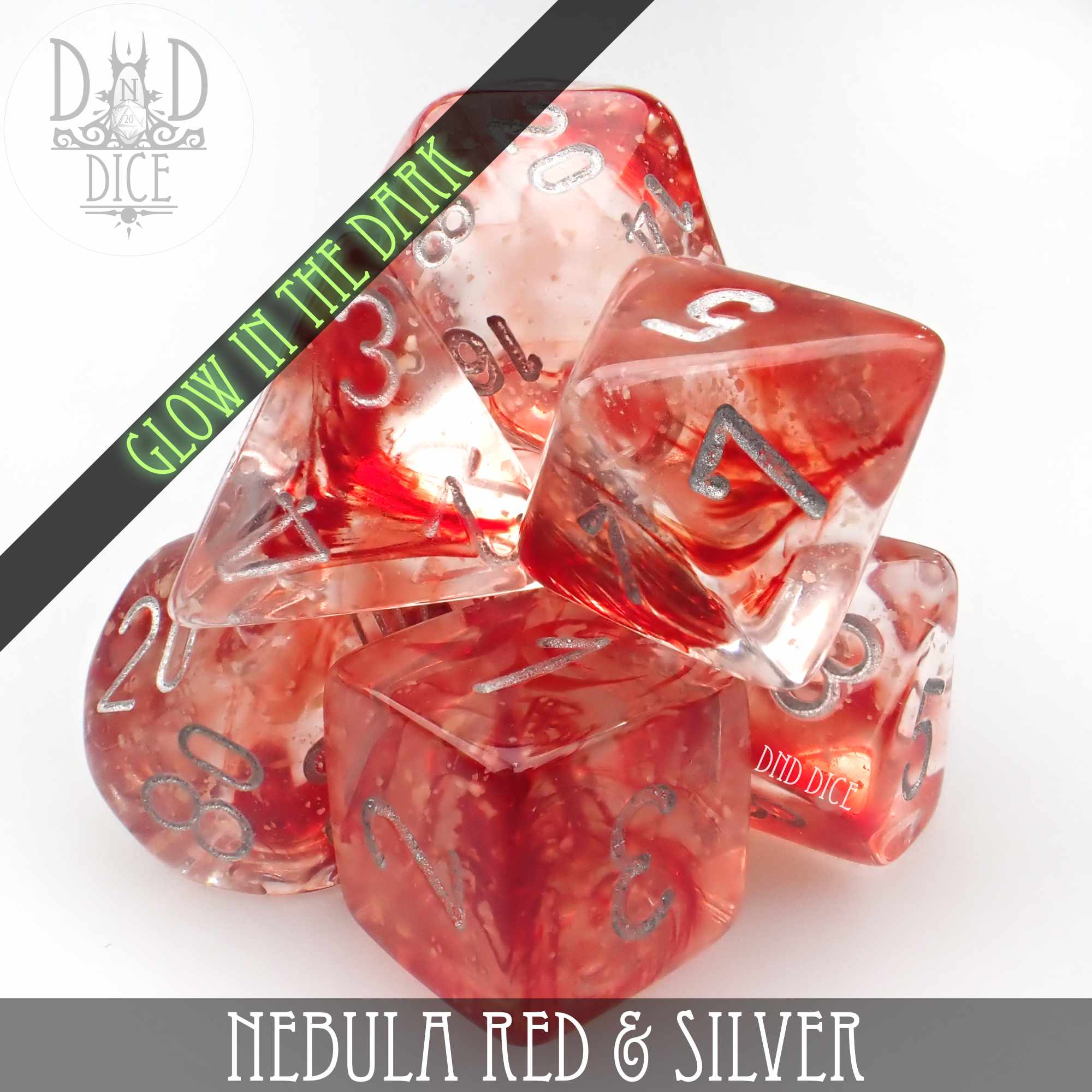 Nebula Red & Silver Dice Set (Glow) - Bards & Cards