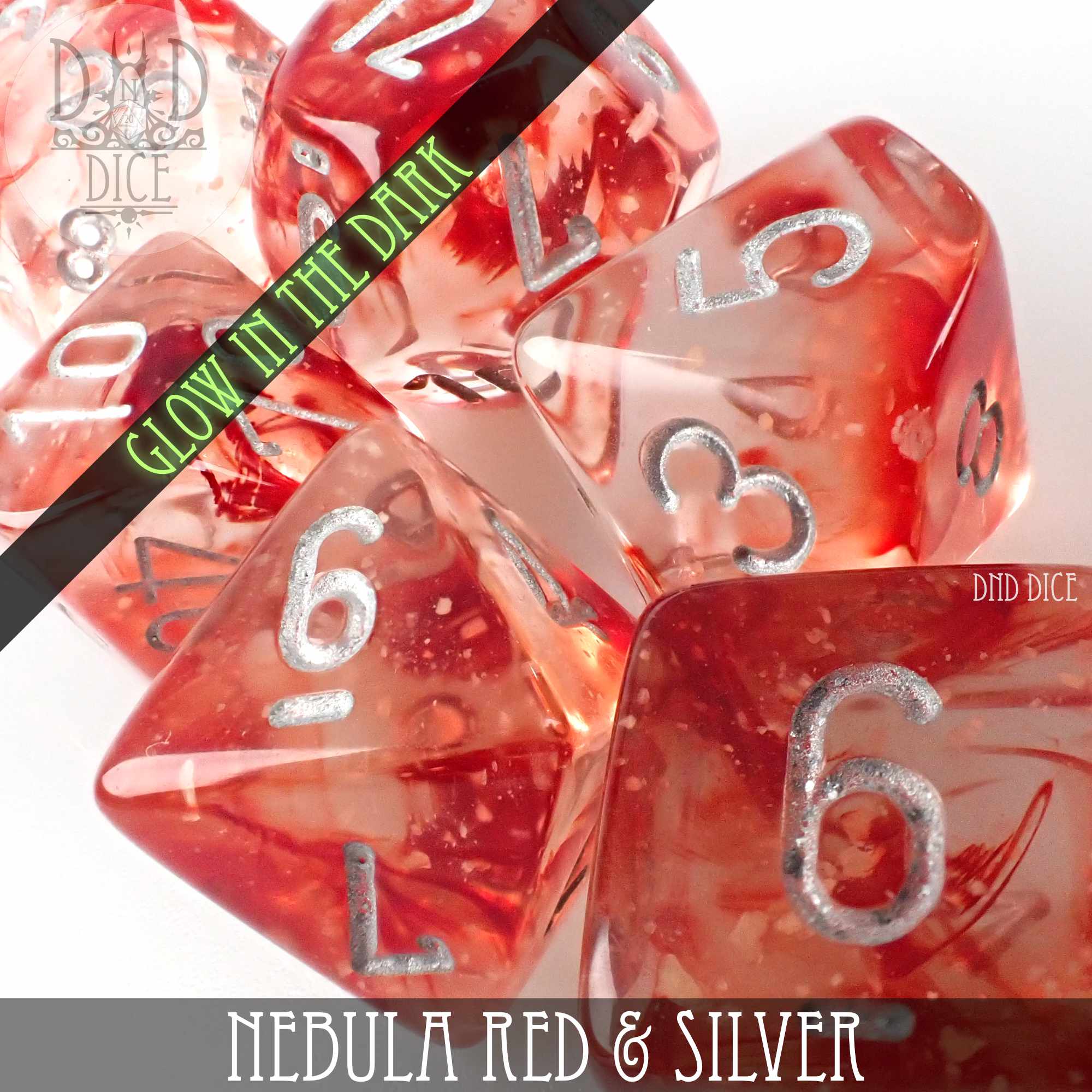 Nebula Red & Silver Dice Set (Glow) - Bards & Cards