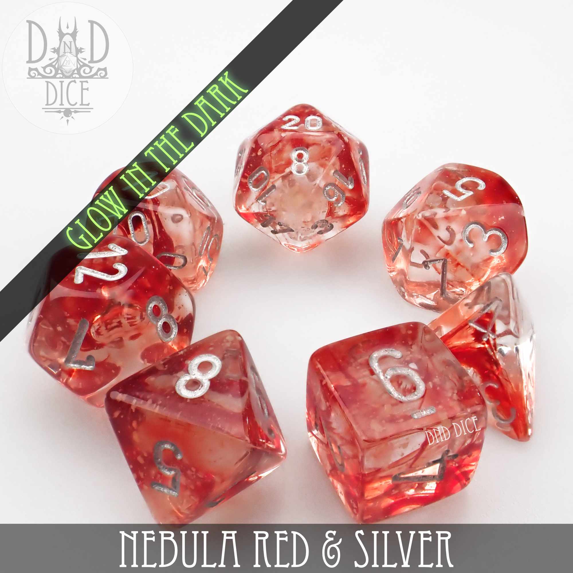 Nebula Red & Silver Dice Set (Glow) - Bards & Cards