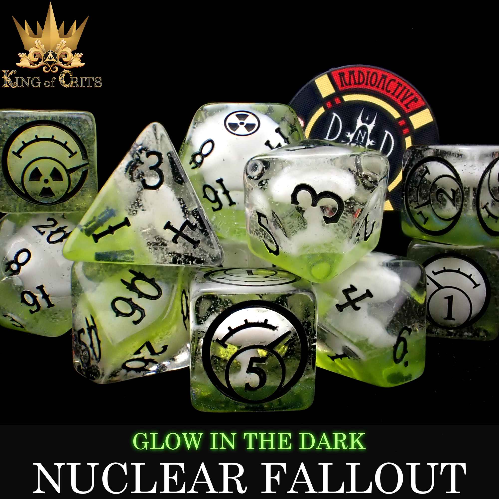 Nuclear Fallout 11 Dice Set (Glow) - Bards & Cards