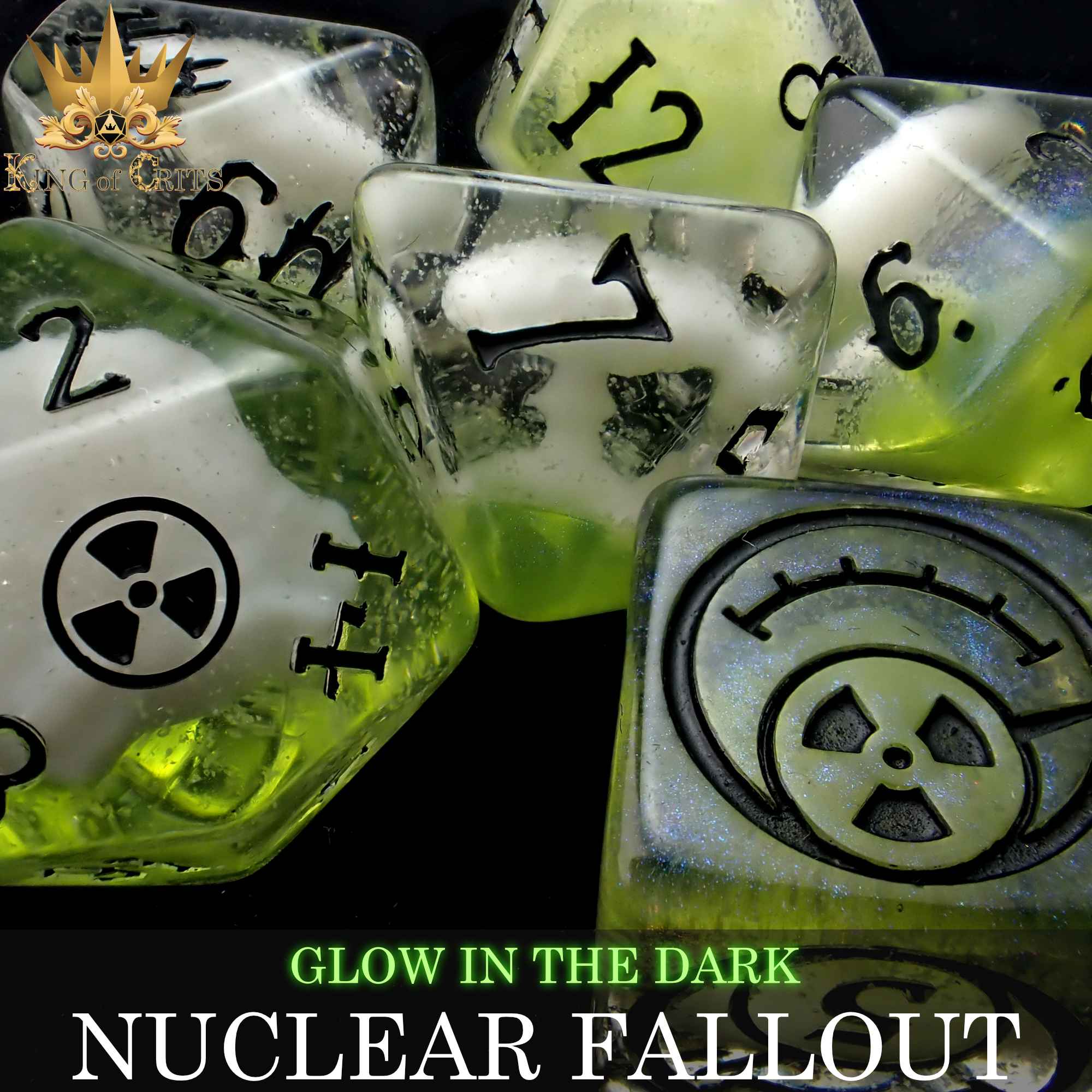 Nuclear Fallout 11 Dice Set (Glow) - Bards & Cards