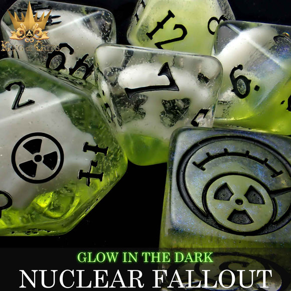 Nuclear Fallout 11 Dice Set (Glow) - Bards & Cards