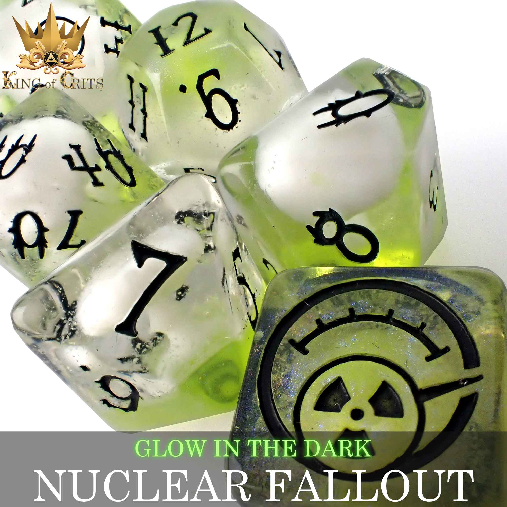 Nuclear Fallout 11 Dice Set (Glow) - Bards & Cards