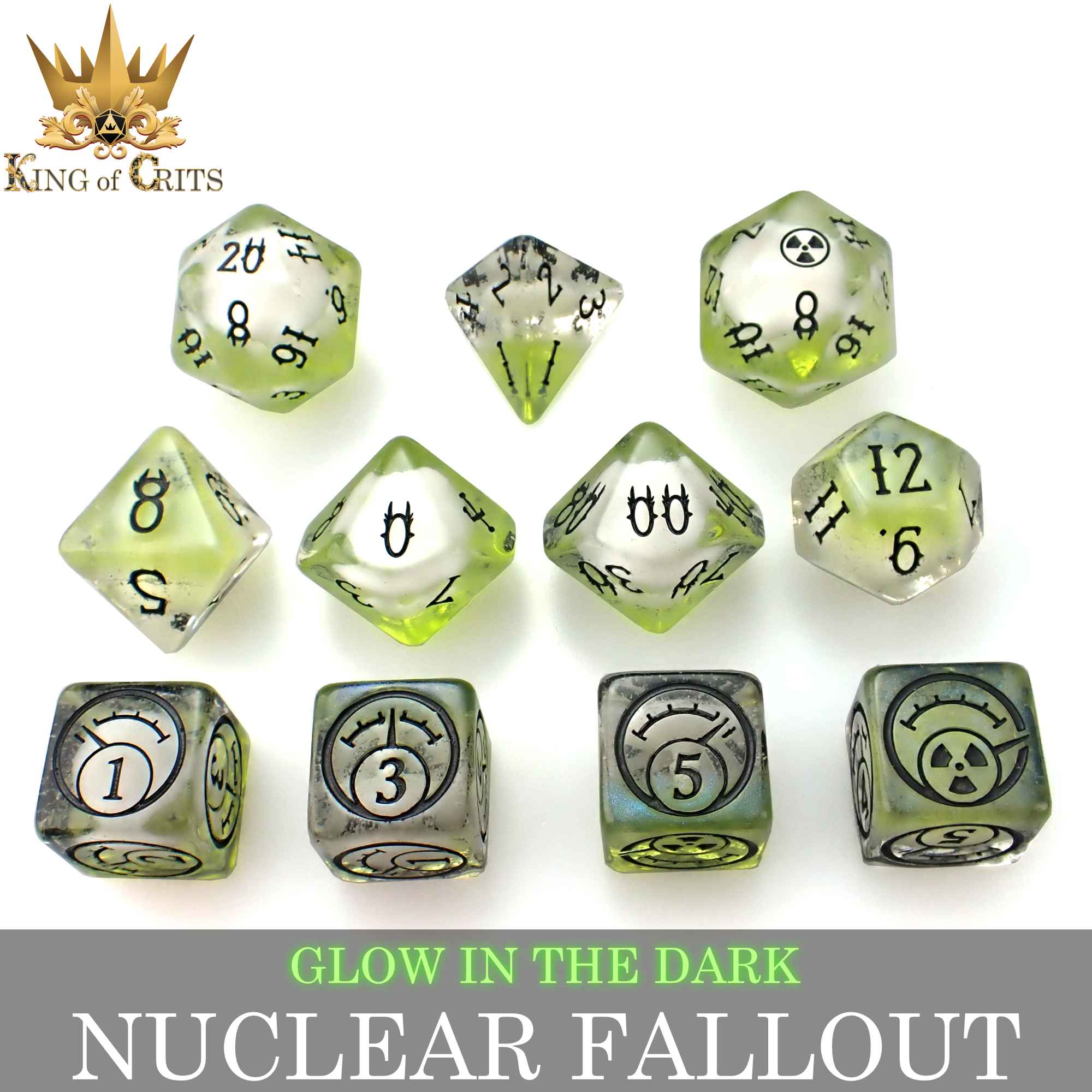 Nuclear Fallout 11 Dice Set (Glow) - Bards & Cards