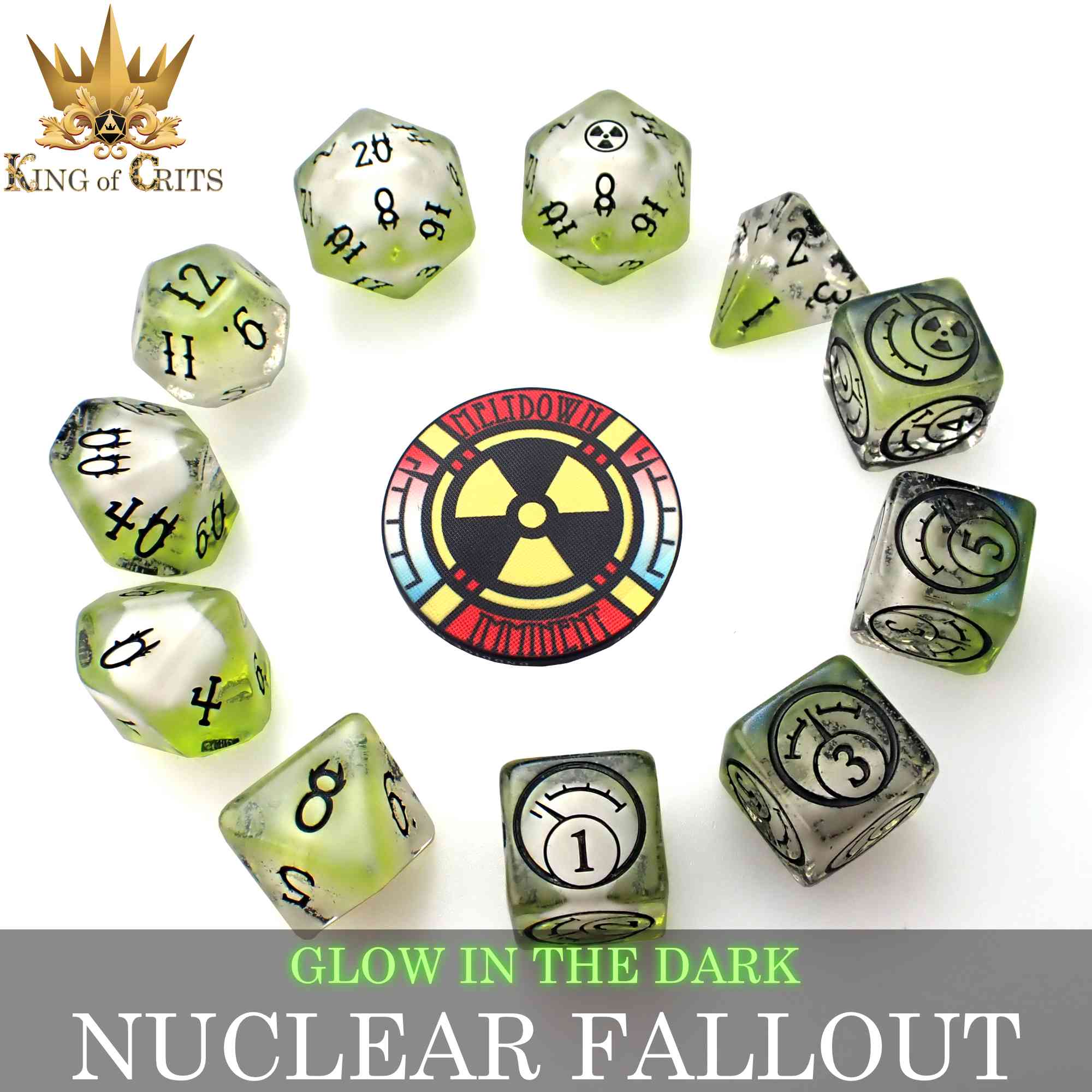 Nuclear Fallout 11 Dice Set (Glow) - Bards & Cards