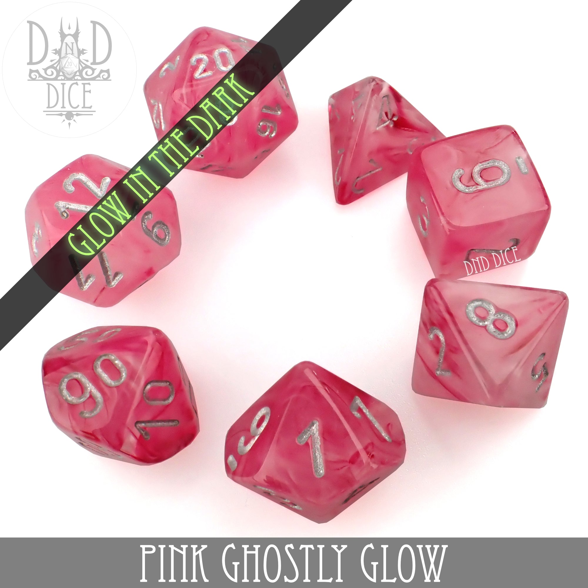 Pink Ghostly Glow Dice Set - Bards & Cards