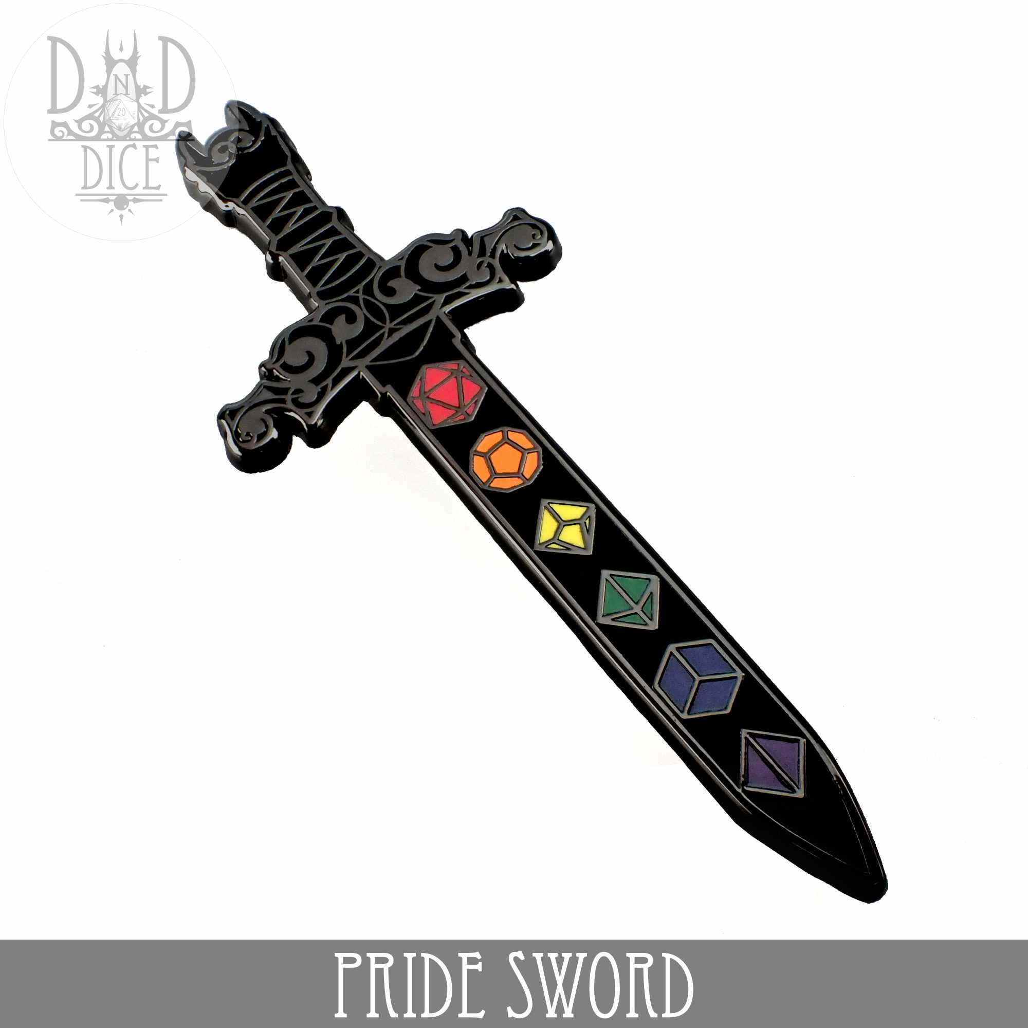 Pride Dice Sword Enamel Pin - Bards & Cards