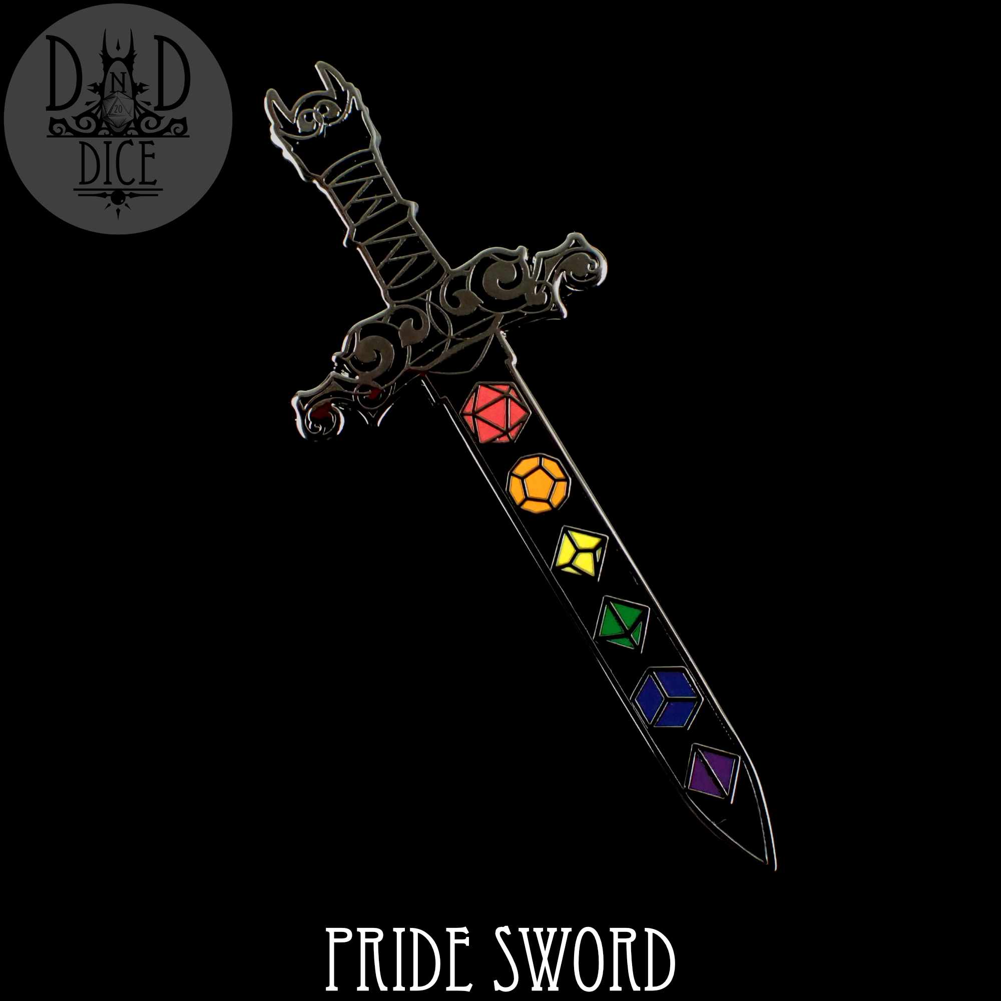 Pride Dice Sword Enamel Pin - Bards & Cards