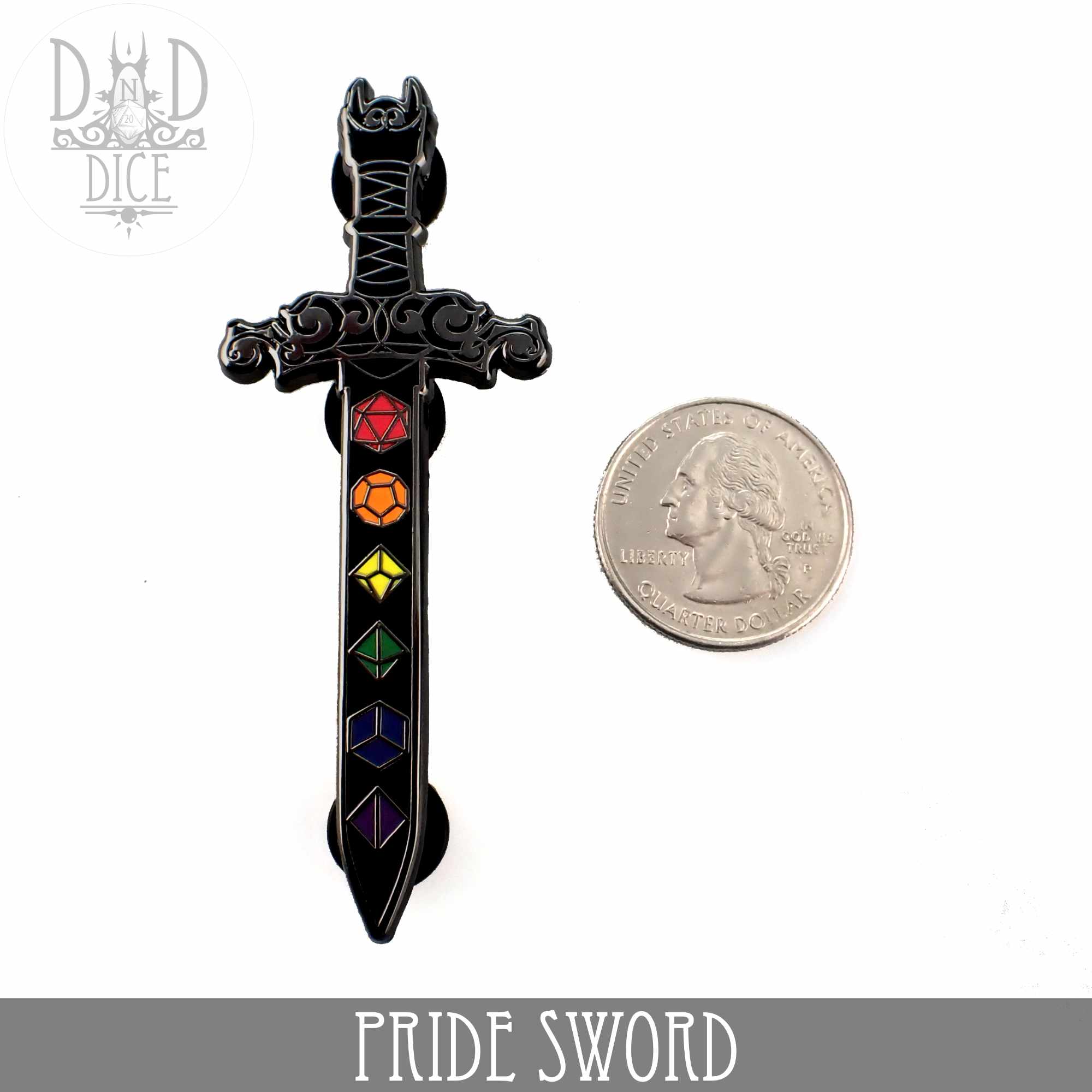 Pride Dice Sword Enamel Pin - Bards & Cards