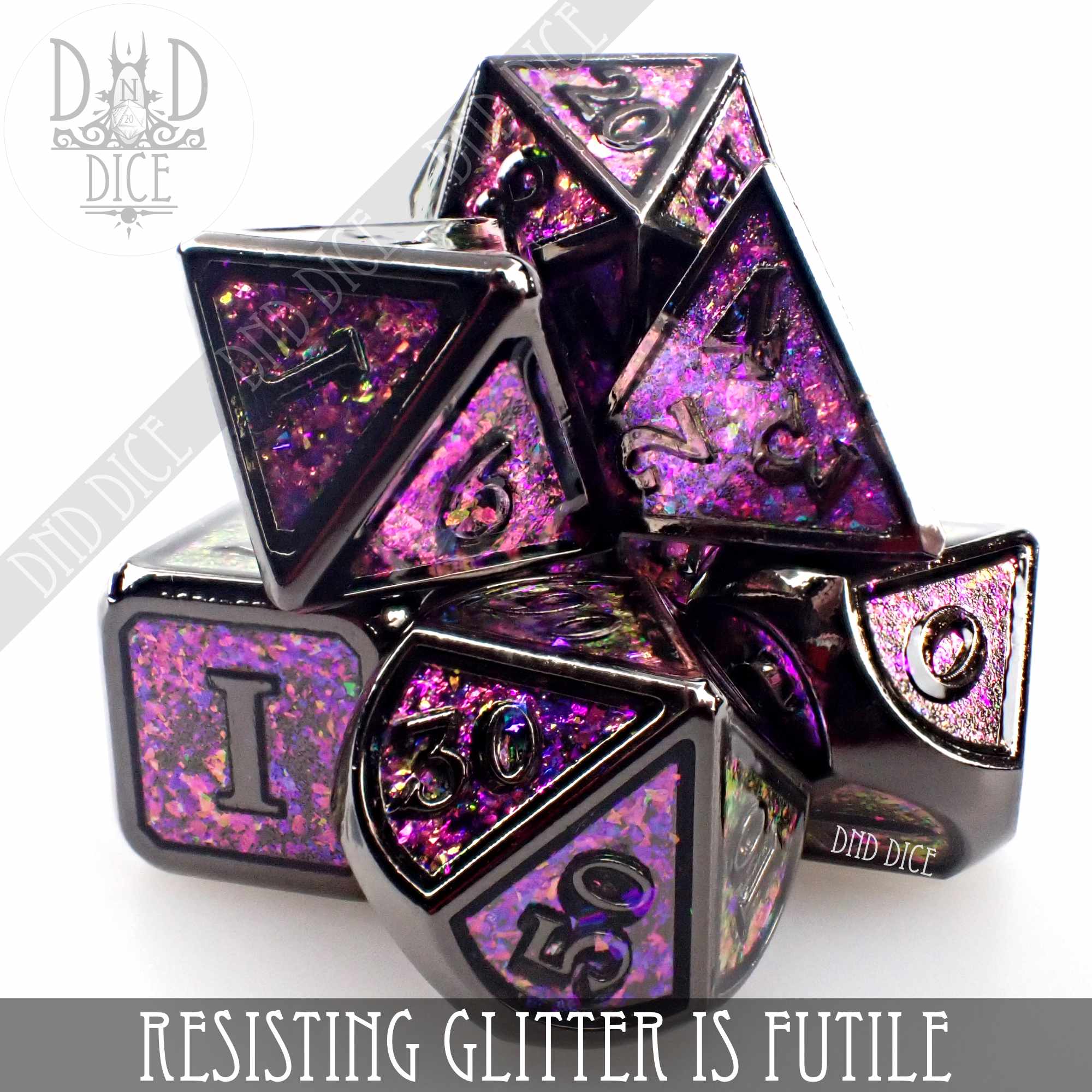 Resisting Glitter is Futile Metal Dice Set - Bards & Cards