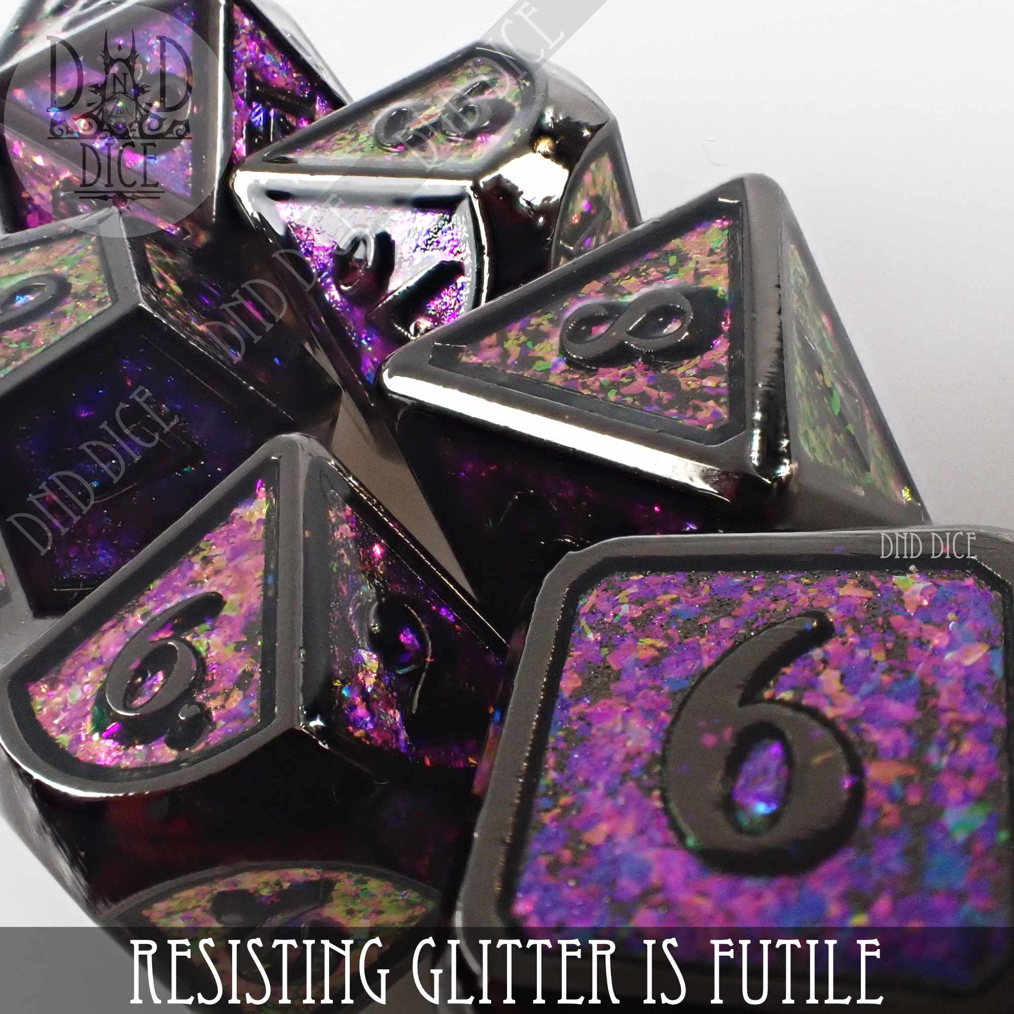 Resisting Glitter is Futile Metal Dice Set - Bards & Cards