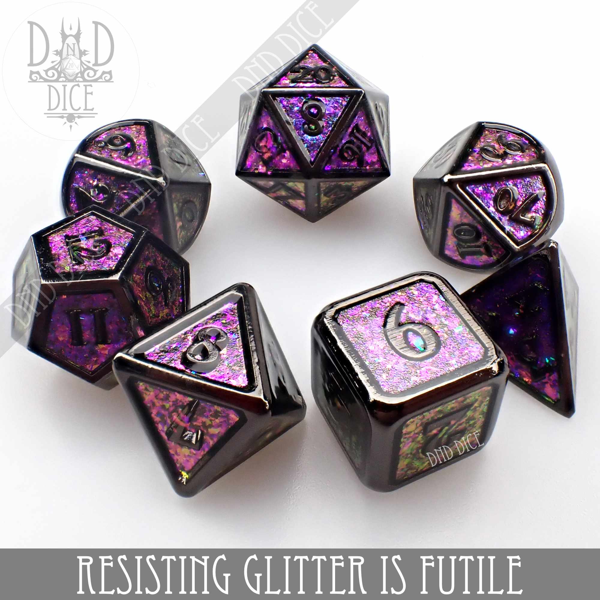 Resisting Glitter is Futile Metal Dice Set - Bards & Cards