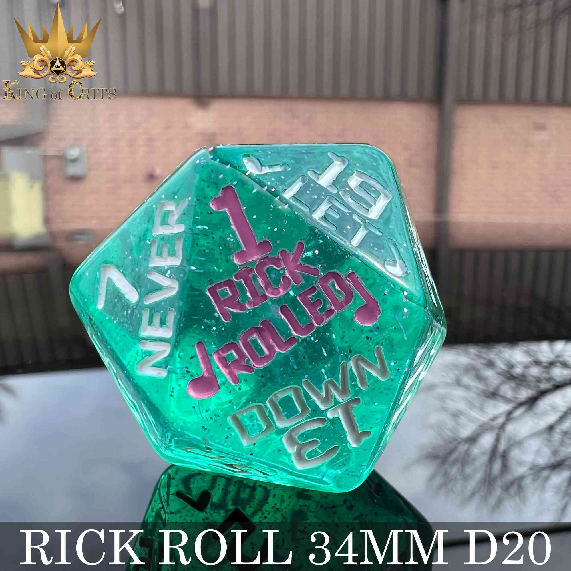 Rick Rolled 34mm D20 - Bards & Cards