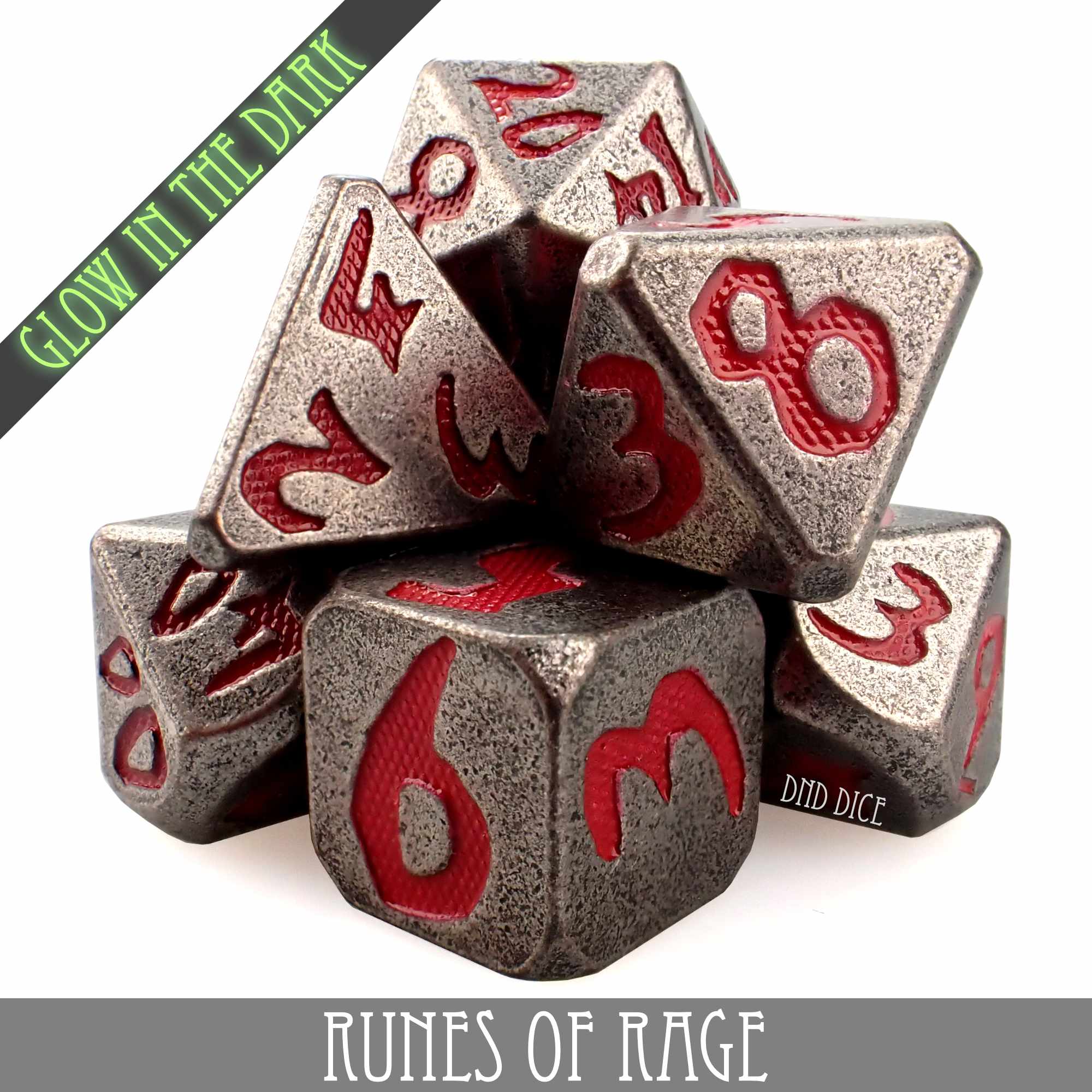 Runes of Rage Glow in the Dark Metal Dice Set - Bards & Cards