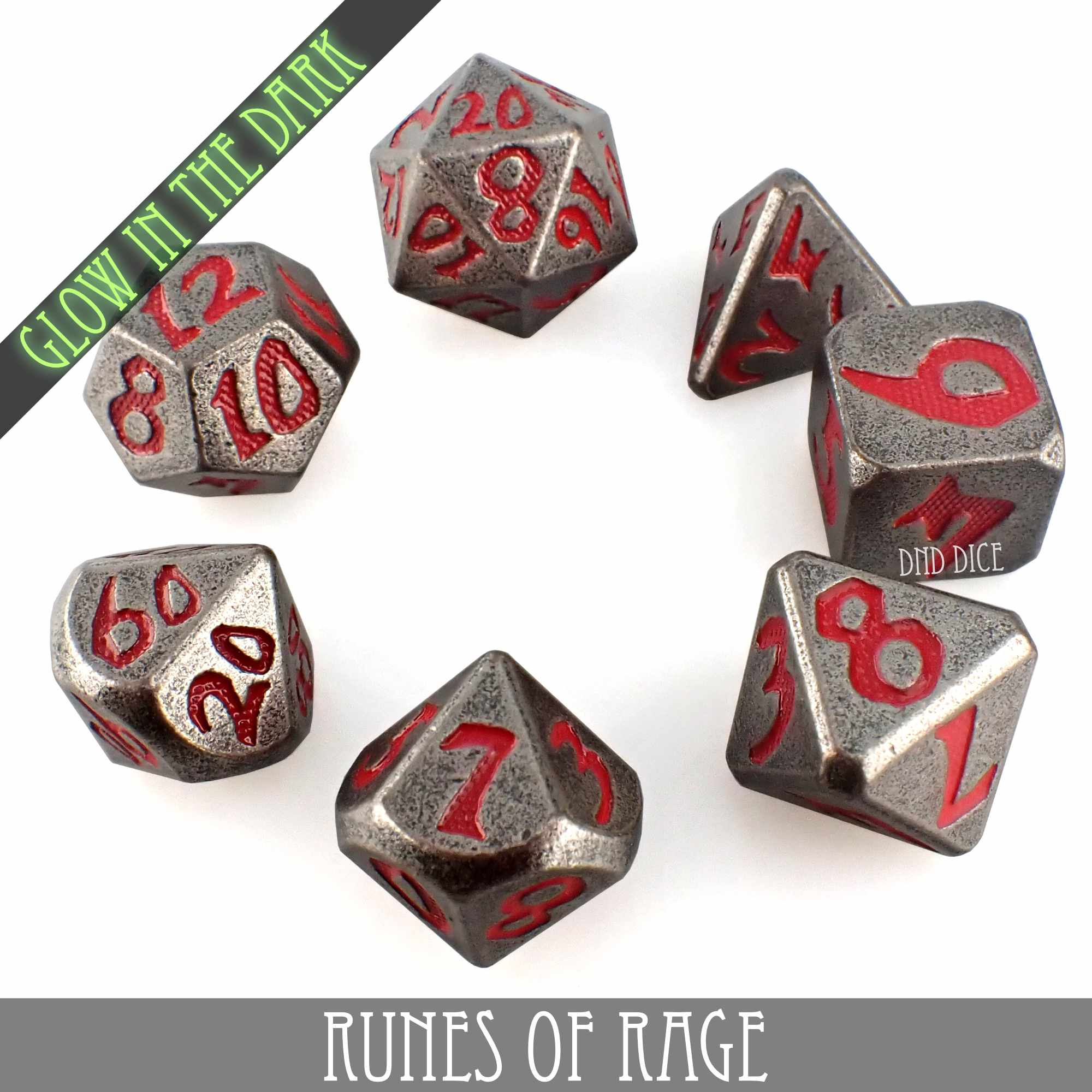 Runes of Rage Glow in the Dark Metal Dice Set - Bards & Cards