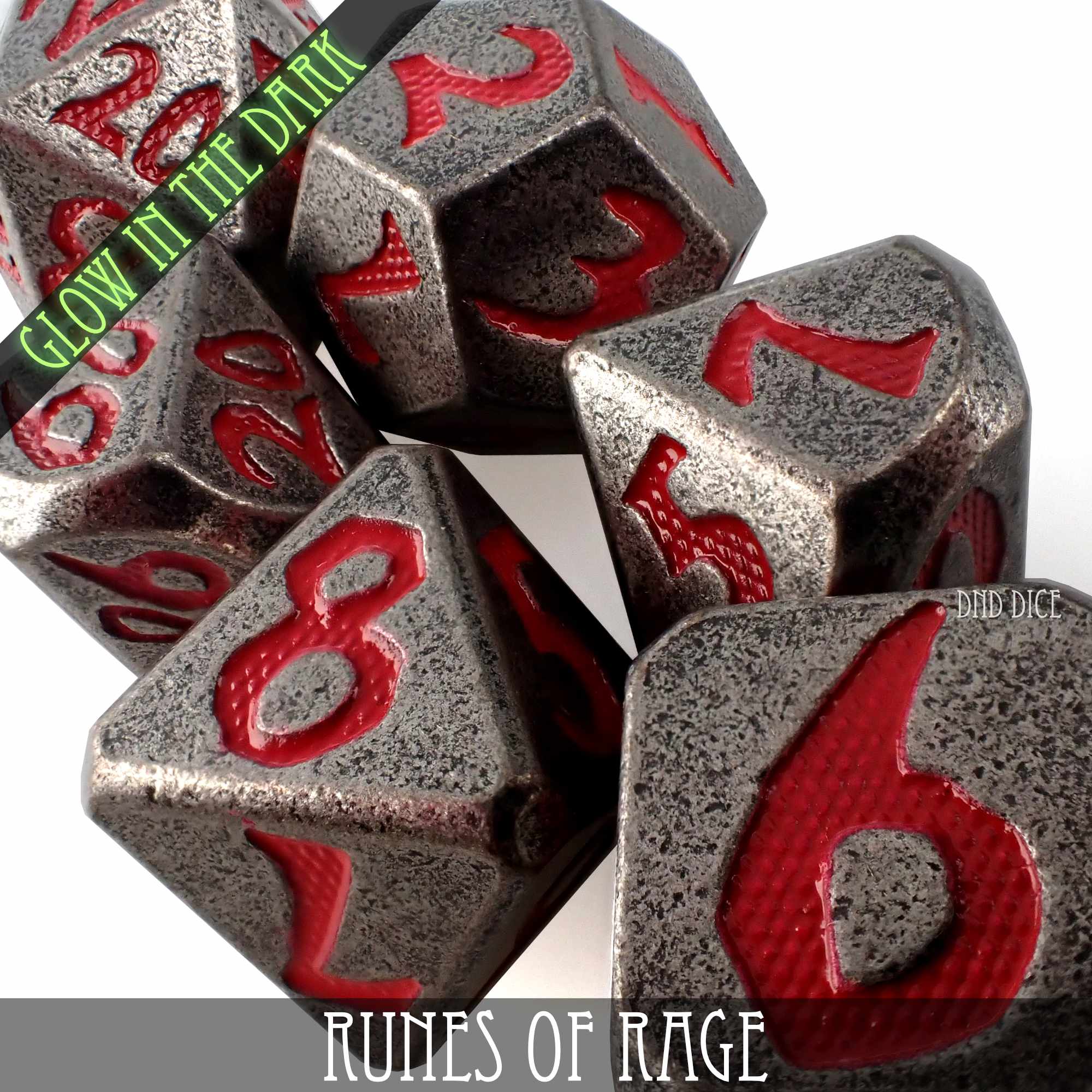 Runes of Rage Glow in the Dark Metal Dice Set - Bards & Cards