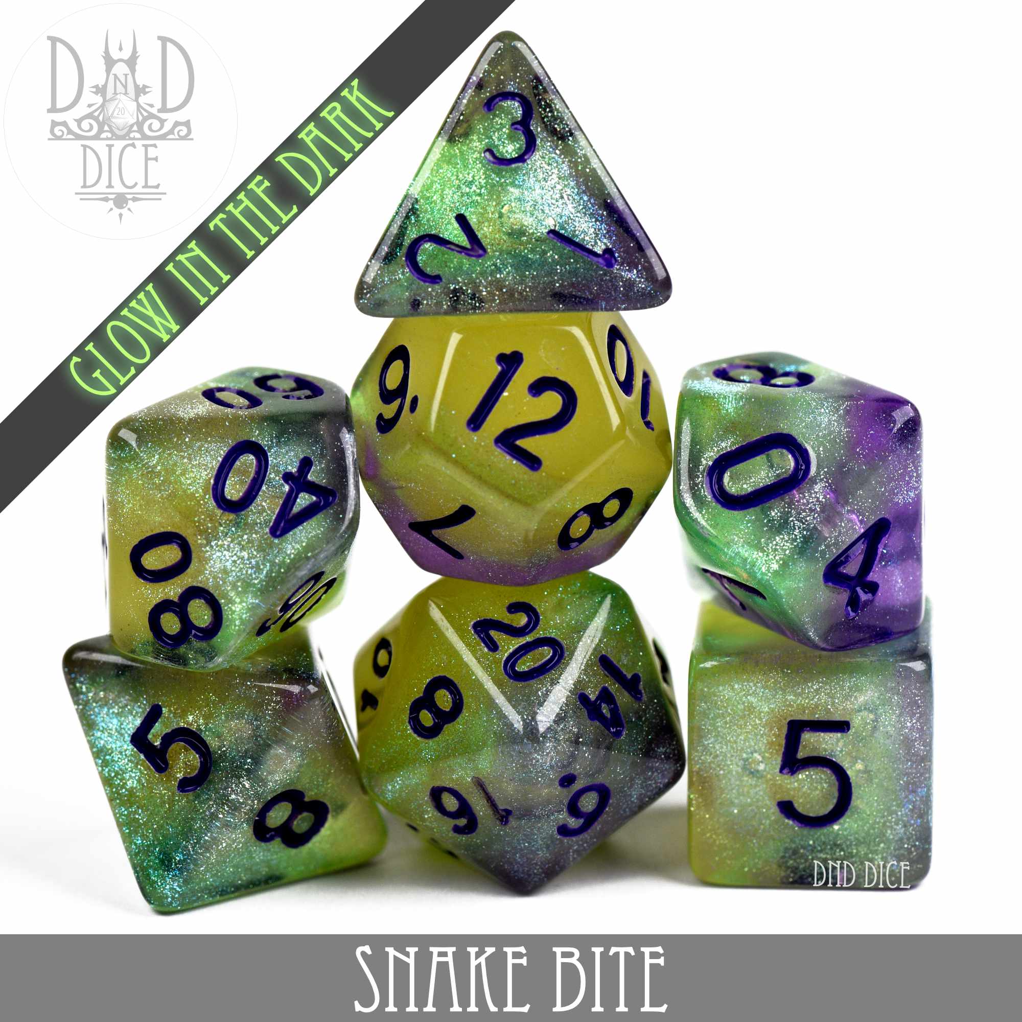 Snake Bite Glow in the Dark Dice Set - Bards & Cards