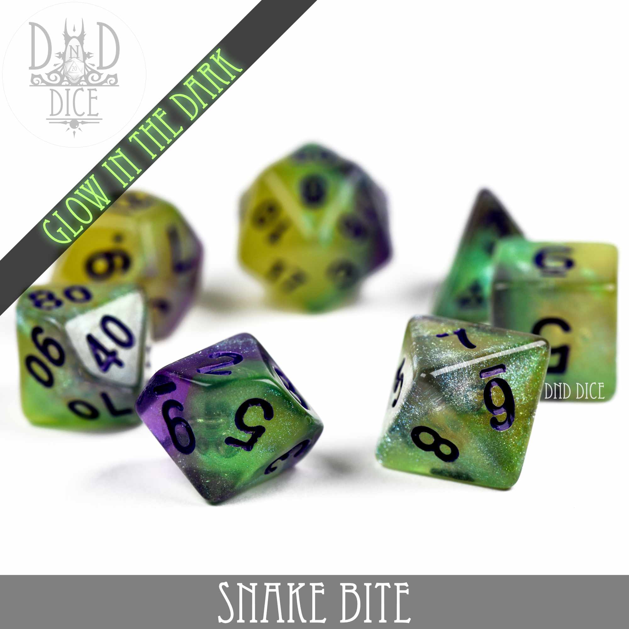 Snake Bite Glow in the Dark Dice Set - Bards & Cards