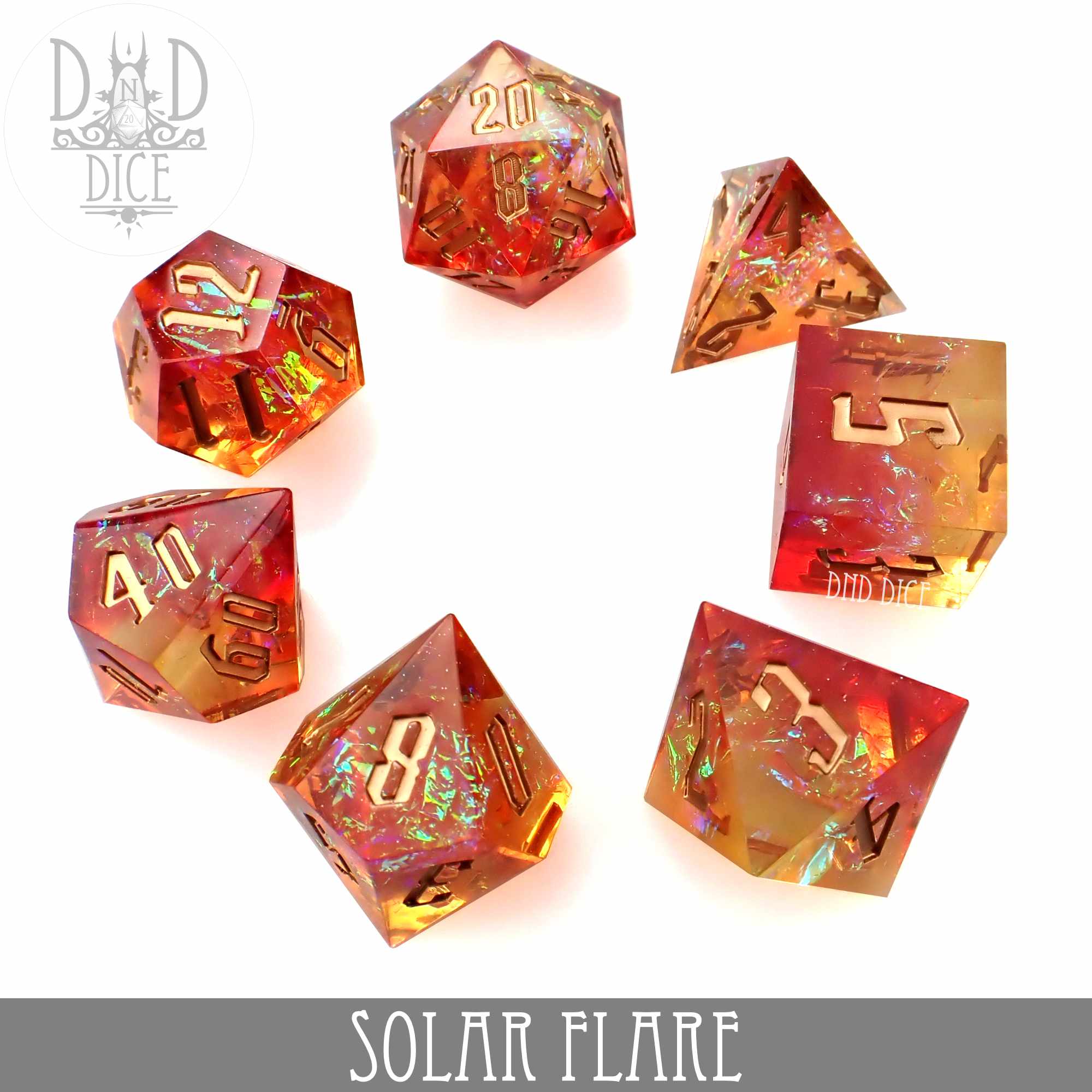 Solar Flare Handmade Dice Set - Bards & Cards