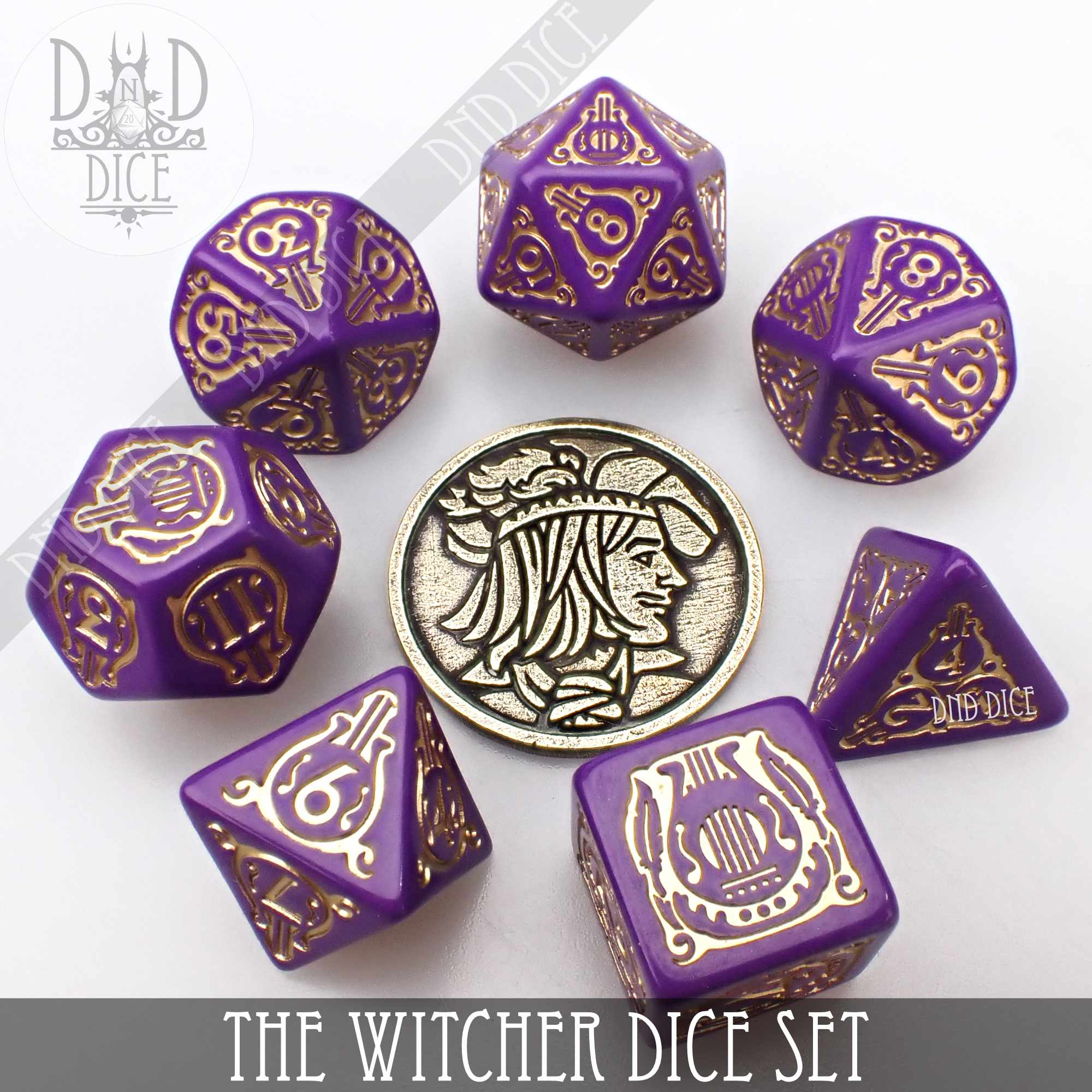 The Witcher Dice Set and Coin - Dandelion / Jaskier - Bards & Cards