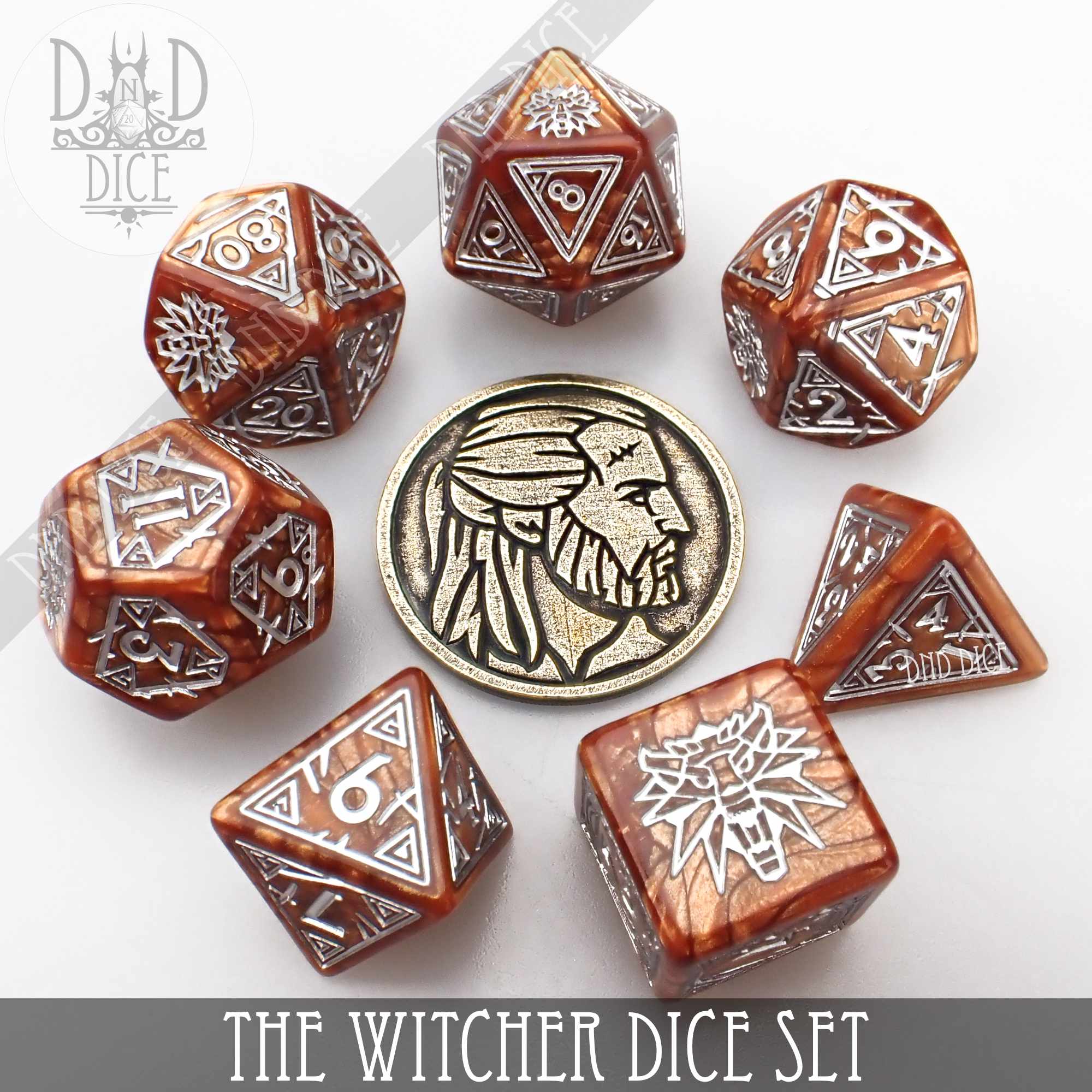 The Witcher Dice Set and Coin - Geralt - Bards & Cards