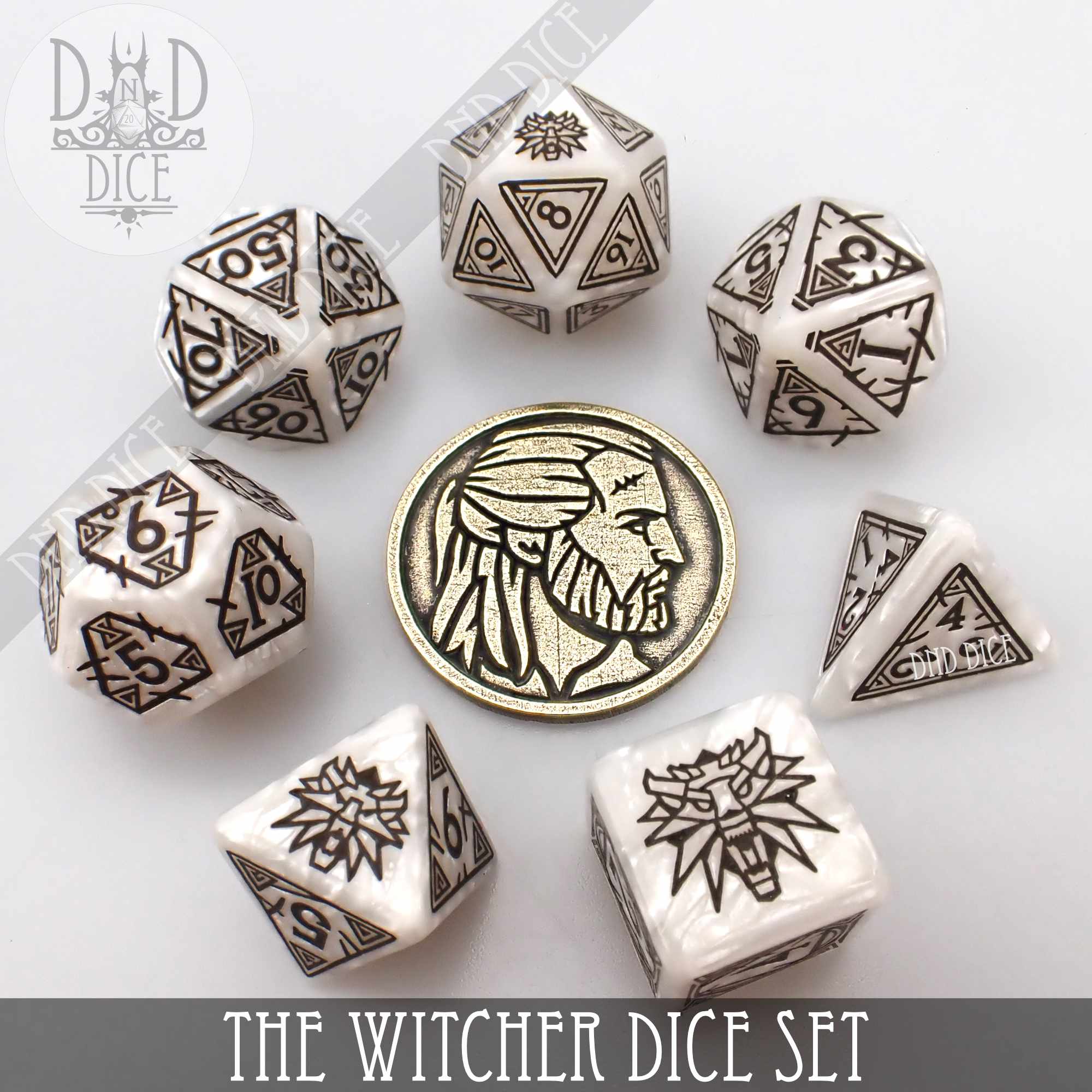 The Witcher Dice Set and Coin - Geralt - Bards & Cards