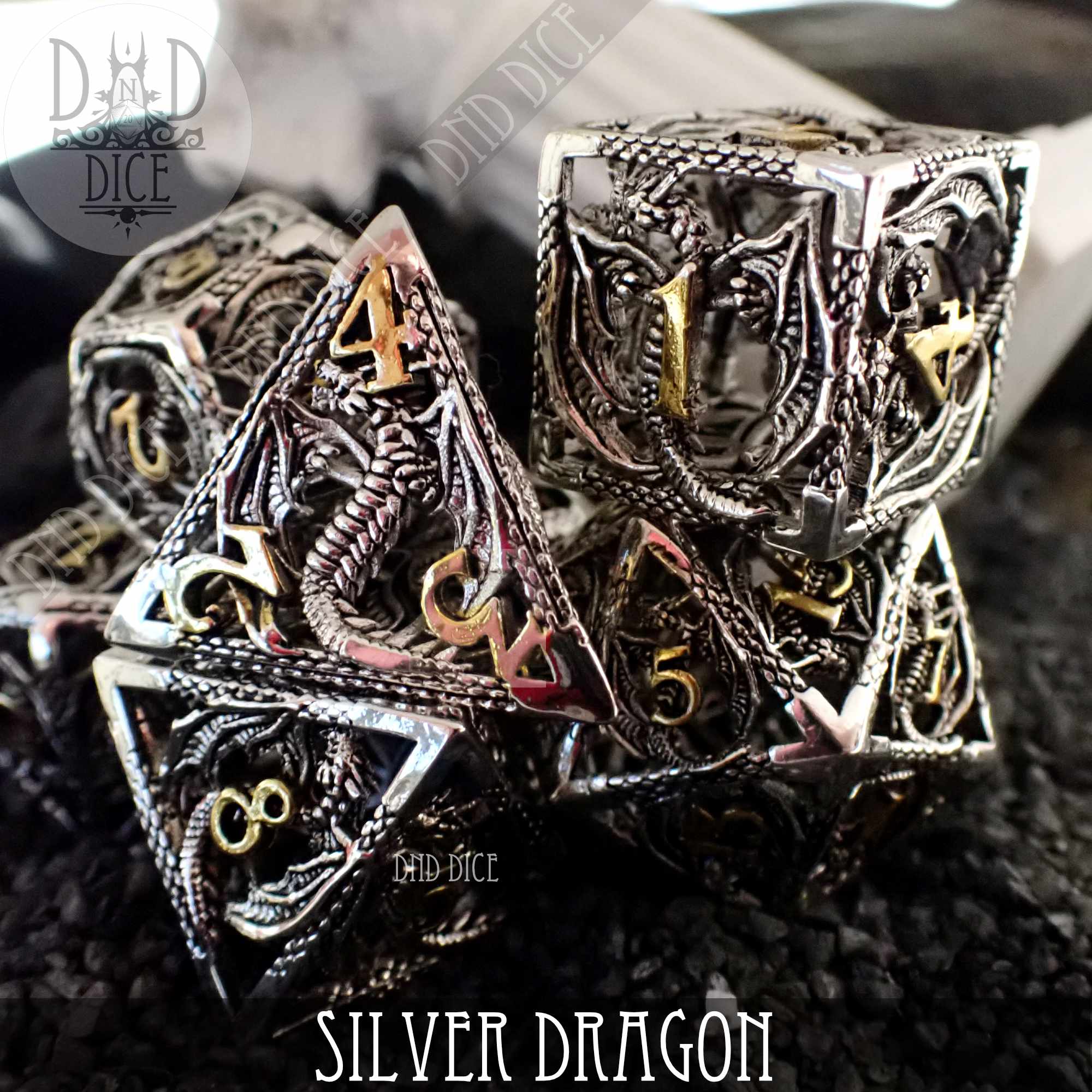 Silver Dragon Metal Dice Set (Gift Box) - Bards & Cards