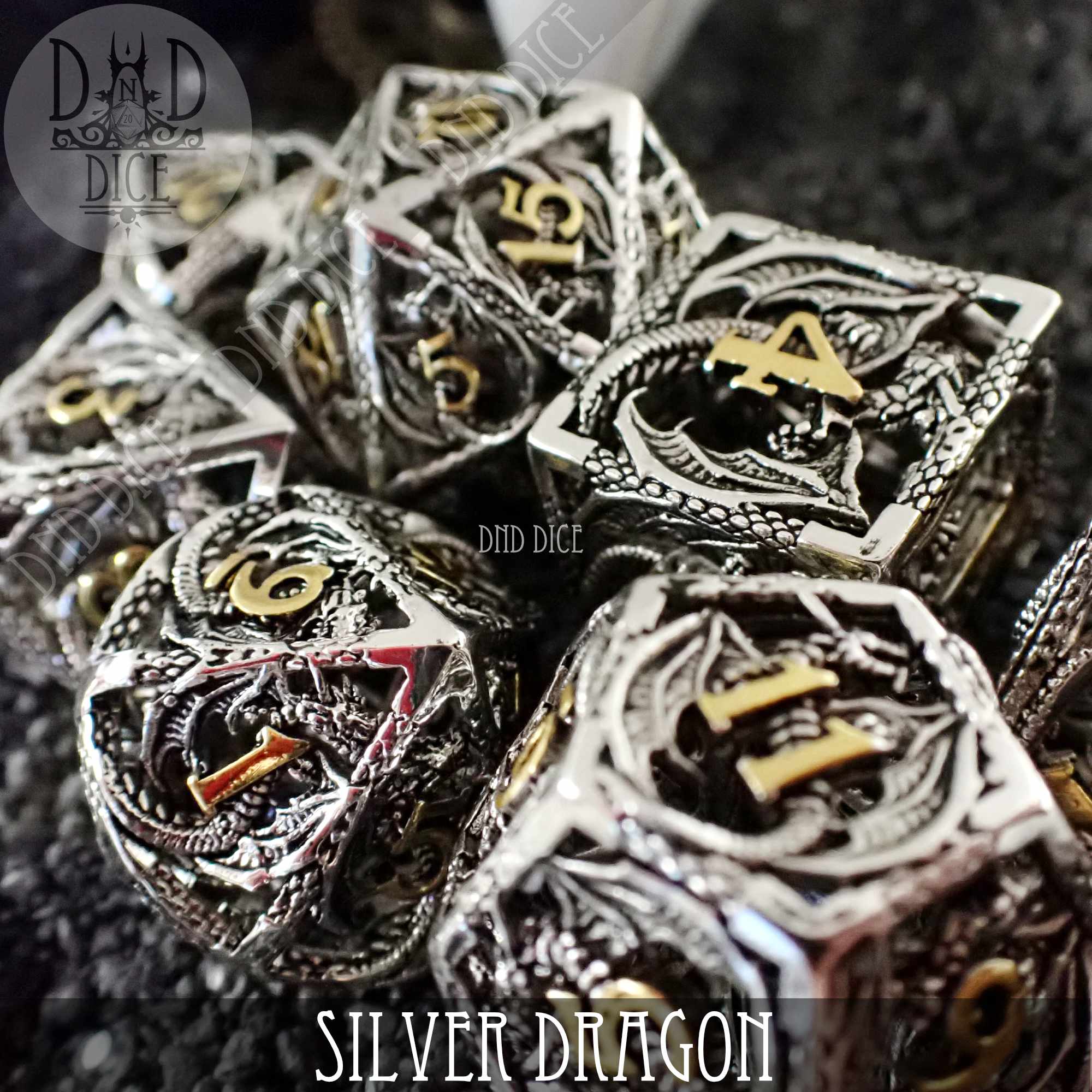 Silver Dragon Metal Dice Set (Gift Box) - Bards & Cards