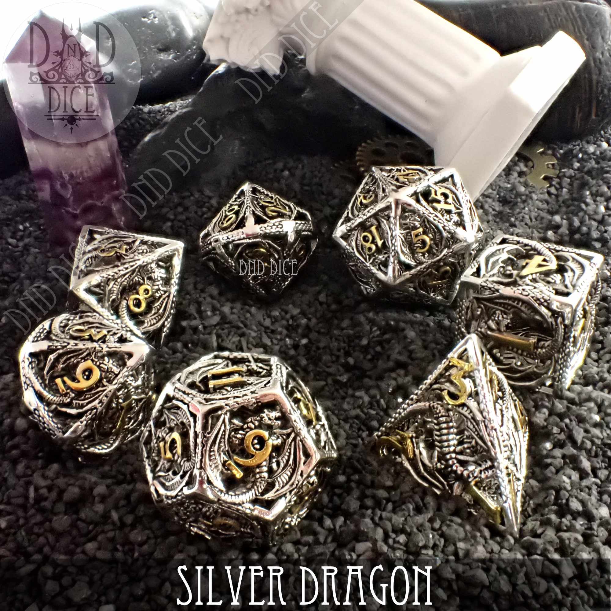 Silver Dragon Metal Dice Set (Gift Box) - Bards & Cards