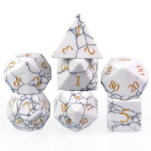 Howlite - Gemstone Engraved with Gold RPG Dice Set - Bards & Cards