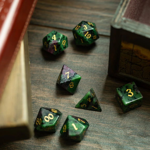 Zoisite Polyhedral Gemstone DND Dice Set - Bards & Cards