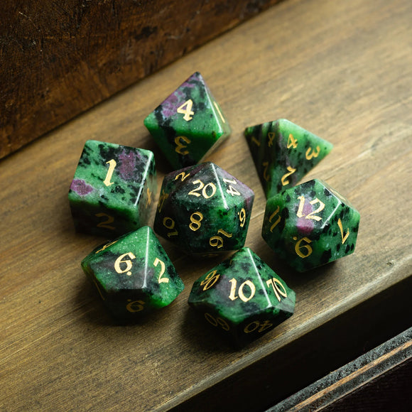 Zoisite Polyhedral Gemstone DND Dice Set - Bards & Cards