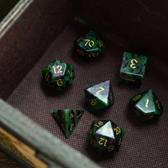 Zoisite Polyhedral Gemstone DND Dice Set - Bards & Cards