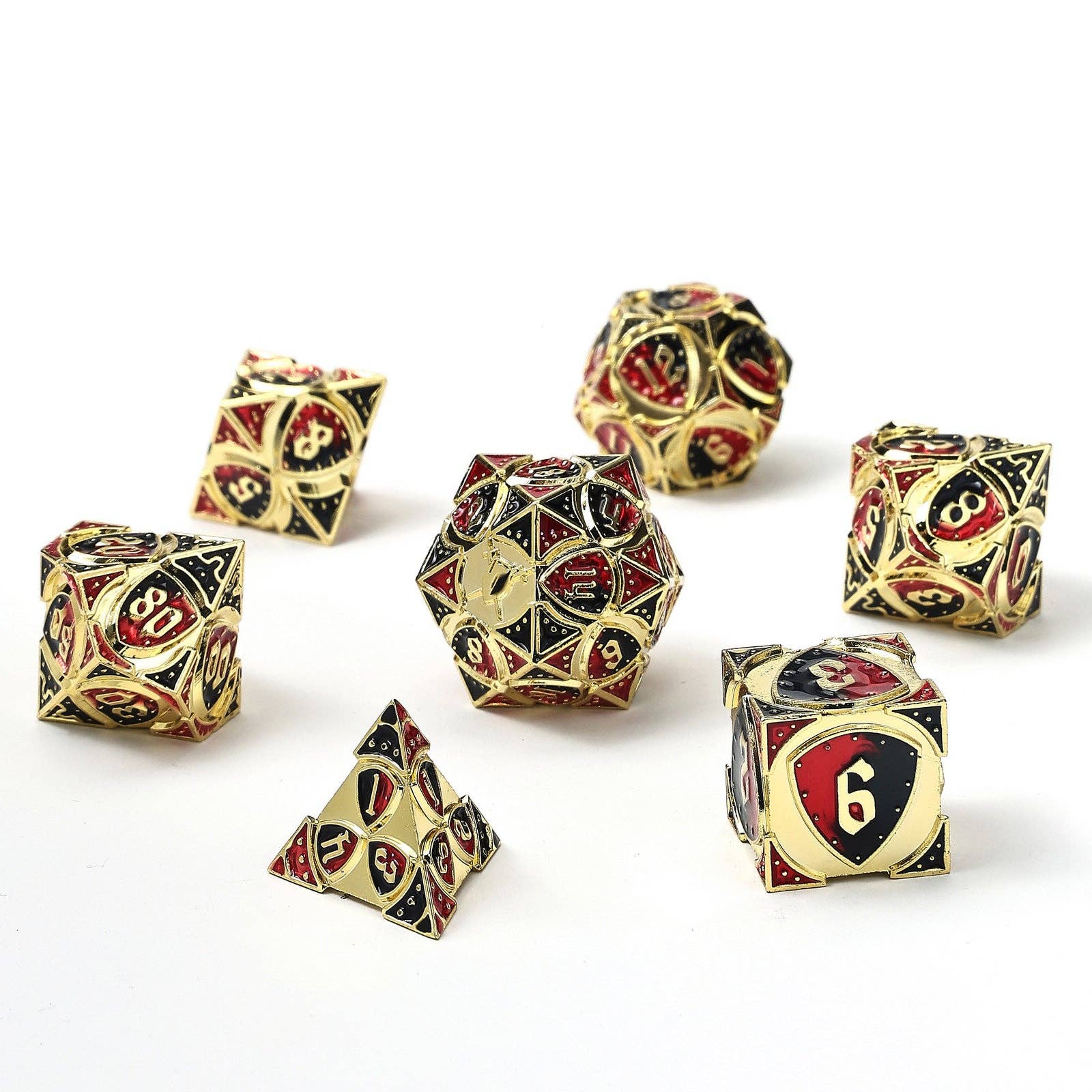 Solid Metal Fighter Class RPG Dice Set - Gold w/ Red & Black