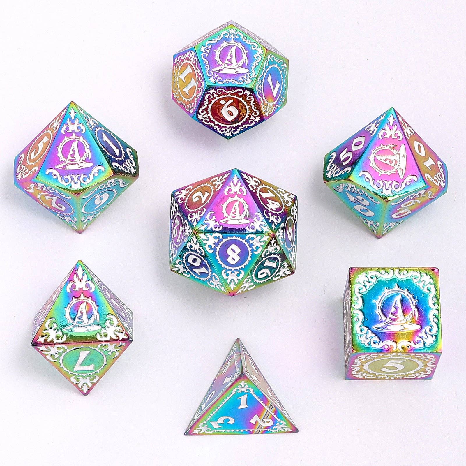 Wizard Solid Metal Polyhedral Dice Set - Rainbow with White