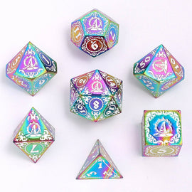 Wizard Solid Metal Polyhedral Dice Set - Rainbow with White - Bards & Cards
