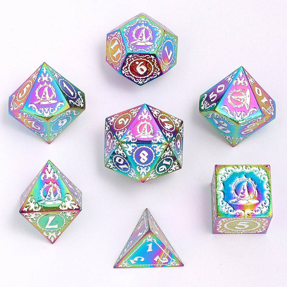 Wizard Solid Metal Polyhedral Dice Set - Rainbow with White - Bards & Cards