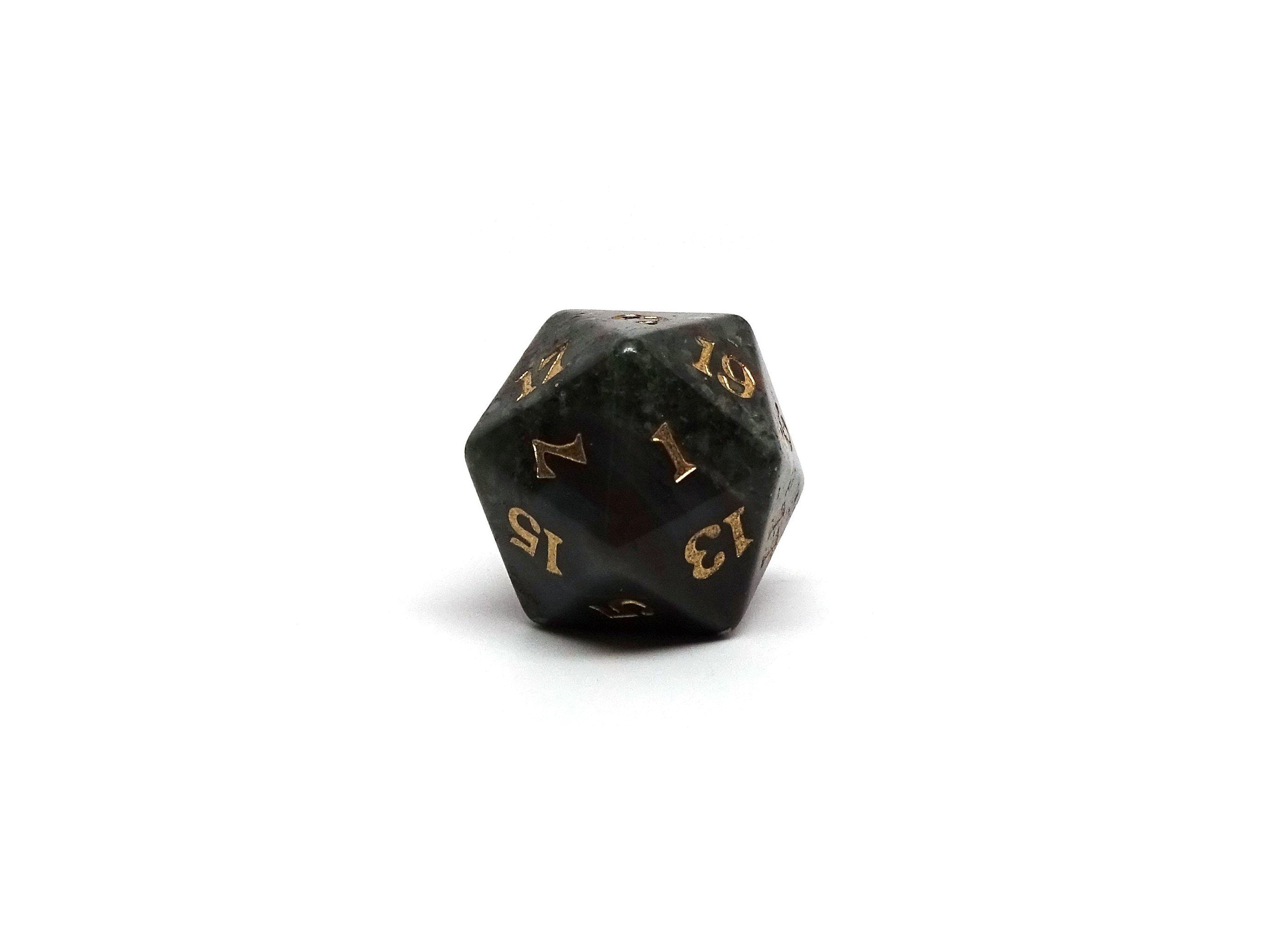 Stone D20 Dice - African Bloodstone - Signature Font - Bards & Cards