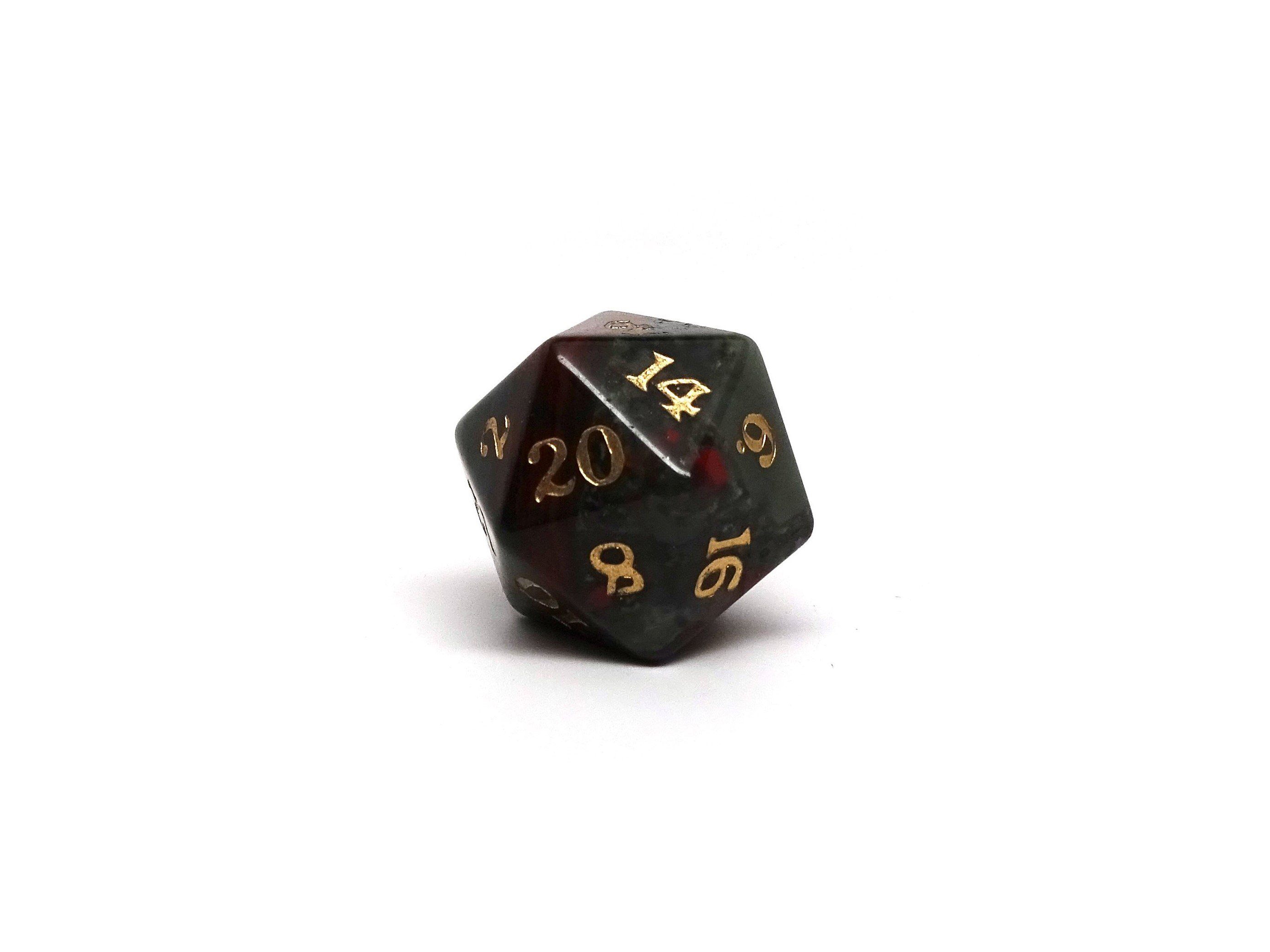 Stone D20 Dice - African Bloodstone - Signature Font - Bards & Cards