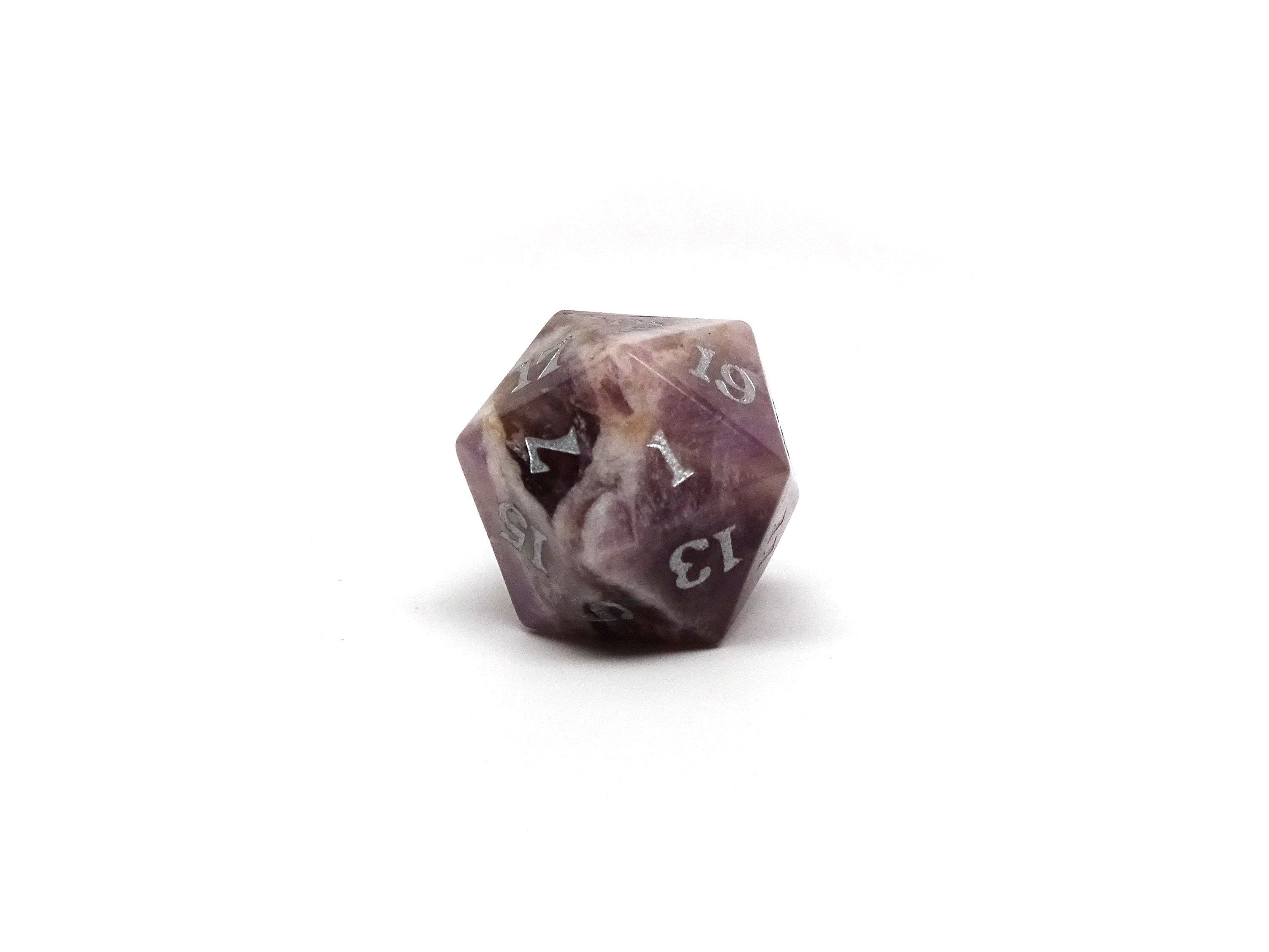 Stone D20 Dice - Amethyst - Signature Font - Bards & Cards