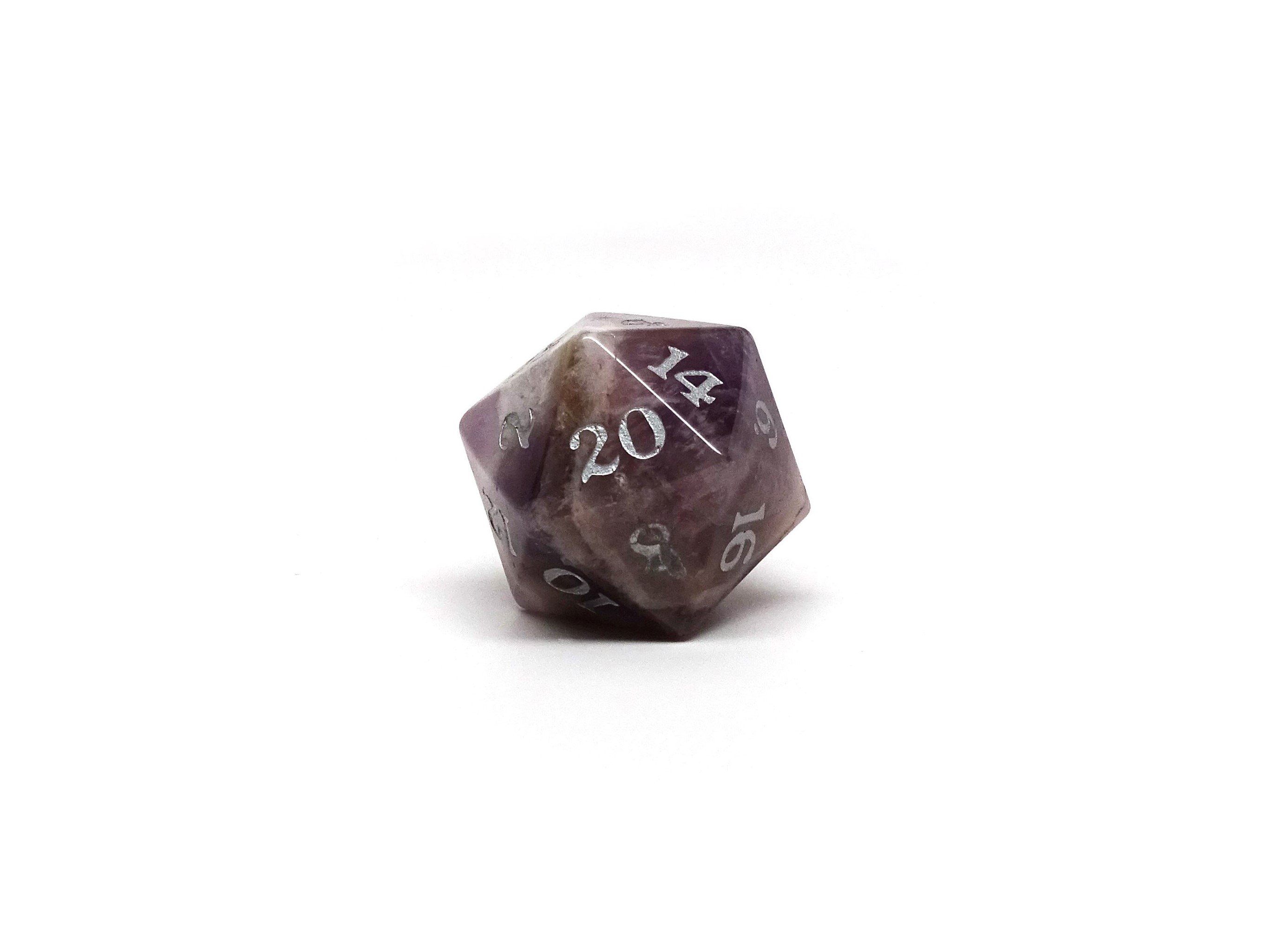 Stone D20 Dice - Amethyst - Signature Font - Bards & Cards