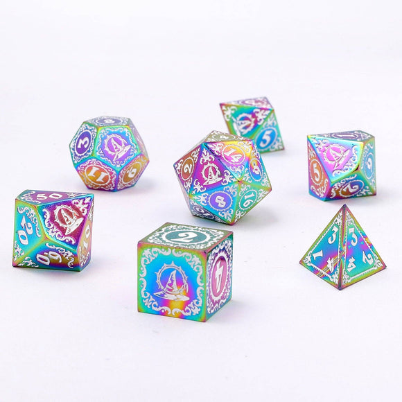 Wizard Solid Metal Polyhedral Dice Set - Rainbow with White - Bards & Cards