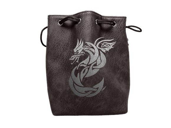 Black Leather Lite Celtic Knot Dragon Design Self-Standing Large Dice Bag - Bards & Cards